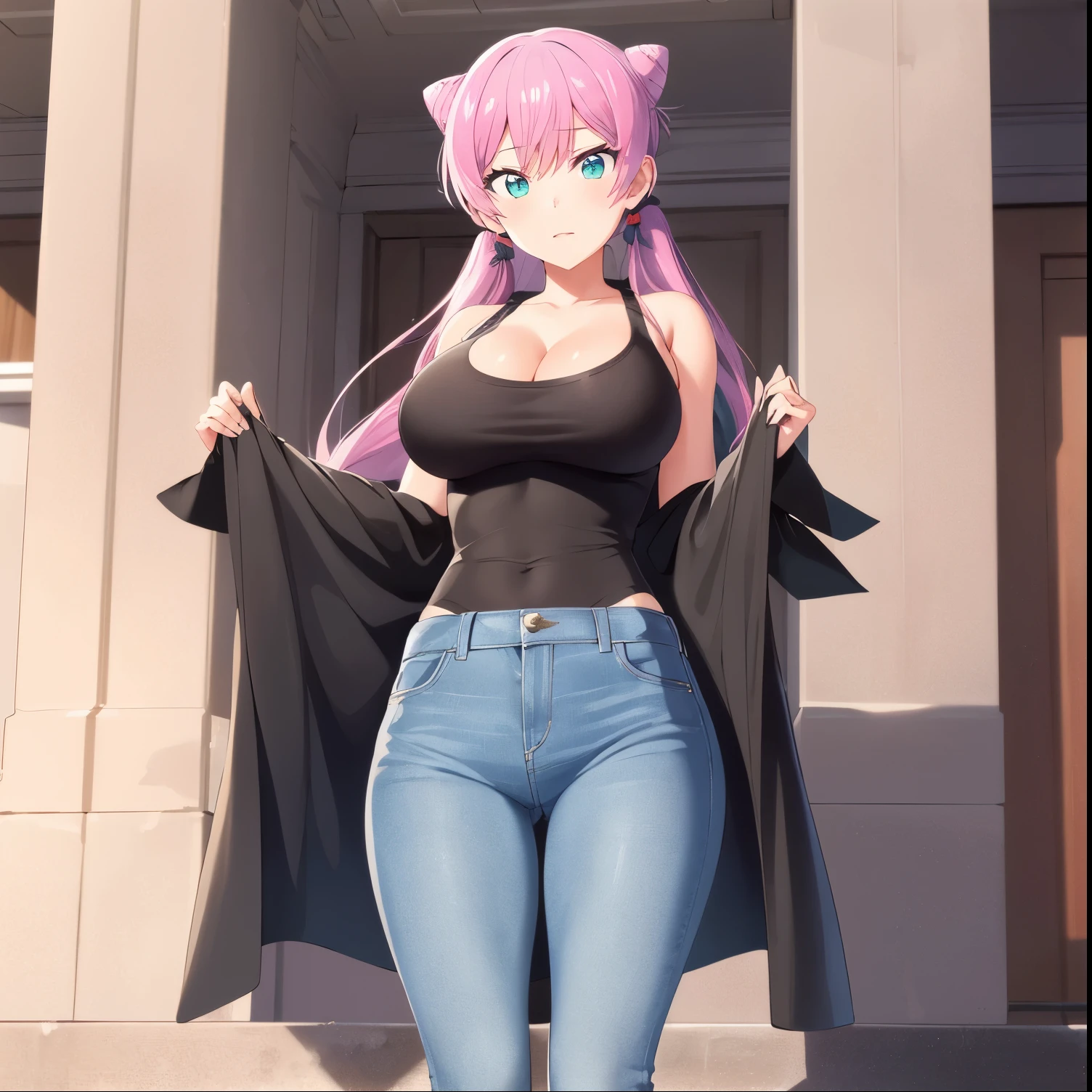 1girl, alone,akari watanabe, long hair, solo, pink hair, blue eyes, looking at viewer, large breasts, 1girl ,Trench coat, jeans ,twintails, double bun,big breasts, medium waist, wide hips, wide thighs, cleavage, excellent anatomy, excellent hands