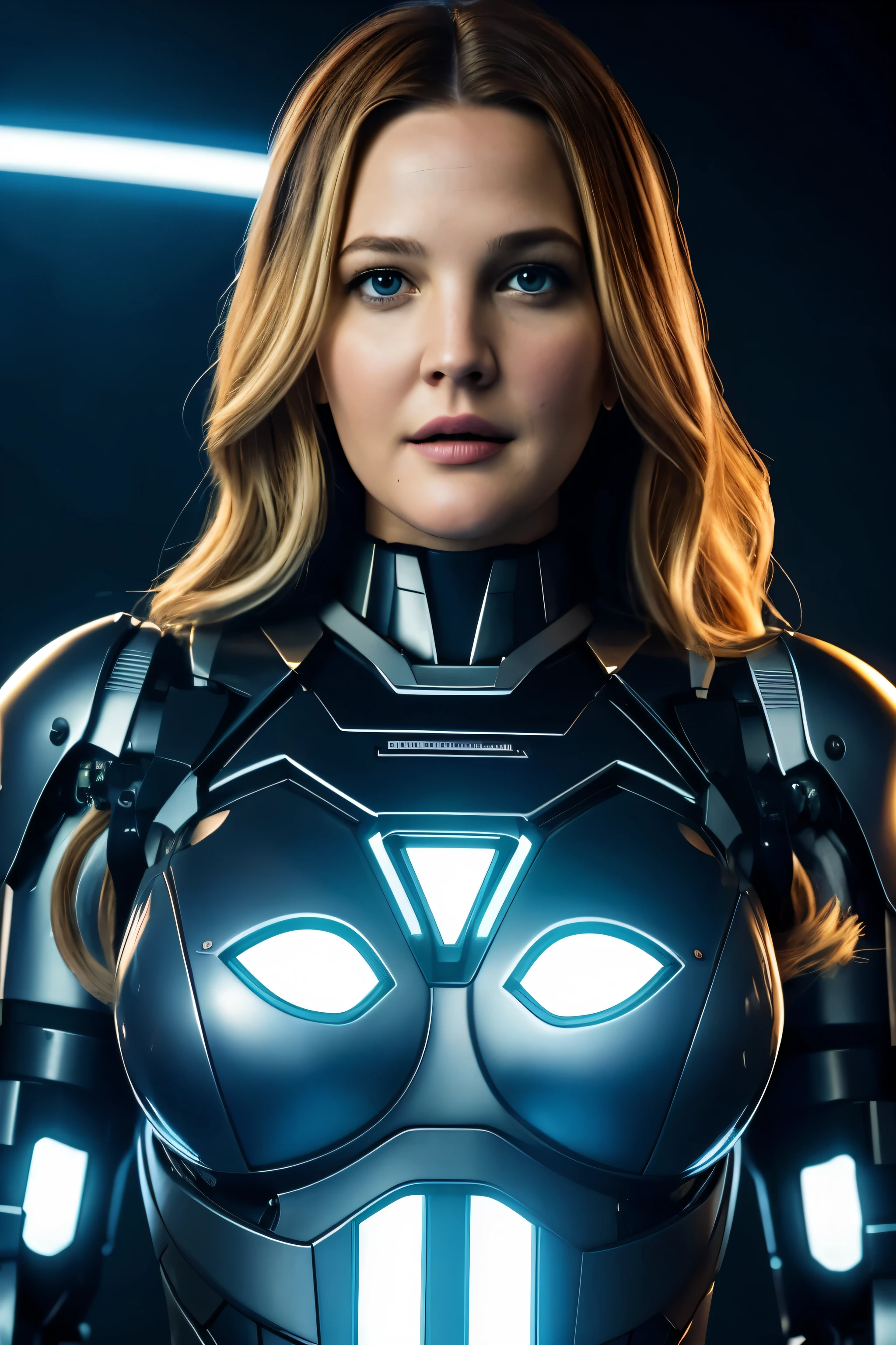 Face mix of Drew Barrymore and Jennifer Lawrence, upper body shot, figure exposed, Full body shot, erotic costumes, master shot, Beautiful female humanoid robot , Full body Closeup shot, bionic eyes, amazing details, futuristic background, hyper realistic synthetic skin of humanoid robot, very high quality and fantastic details with digital background , cinematic colour grading, cinematic view,  movie scene stills, 