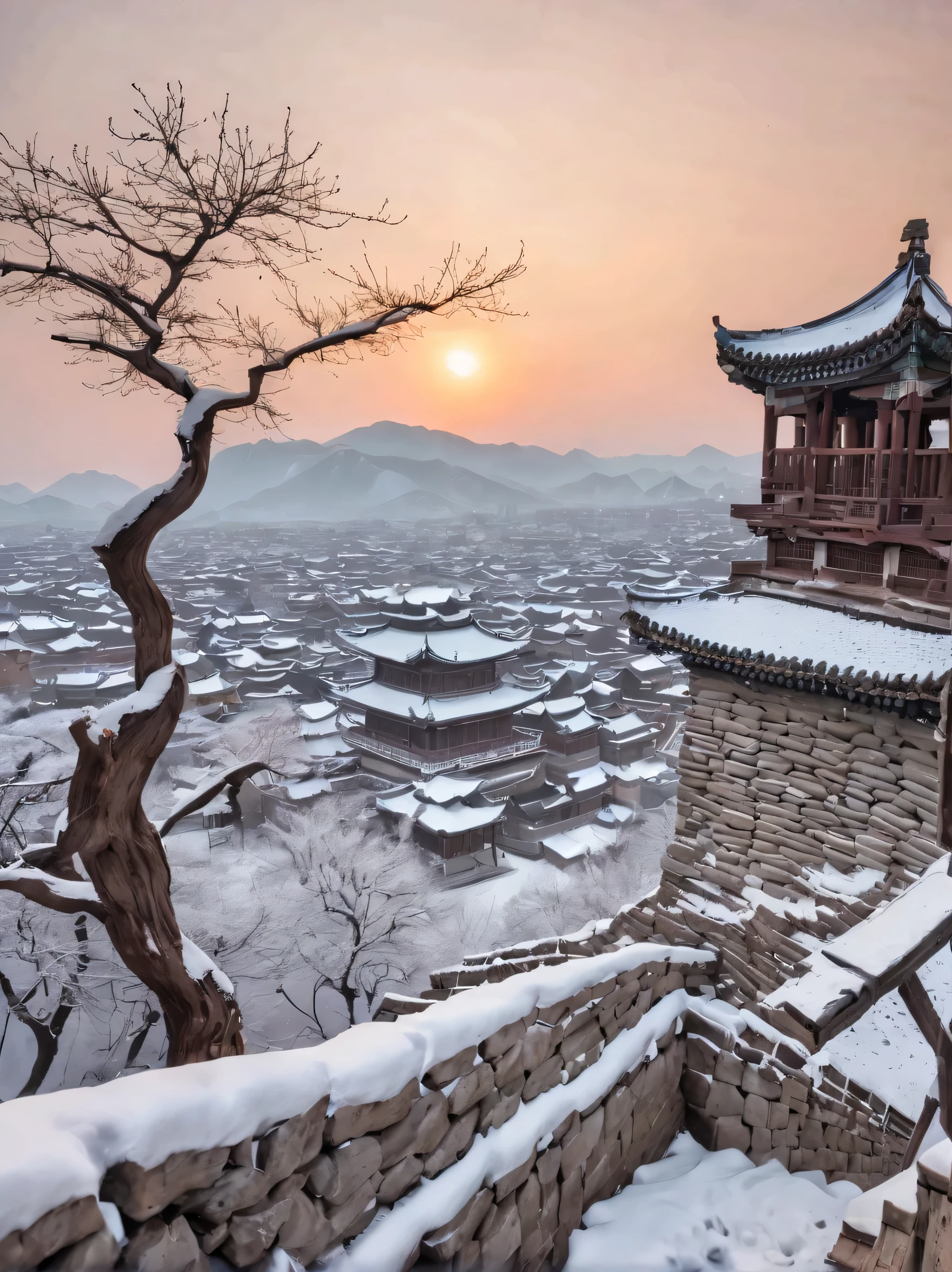 ancient chinese city in winter, There is a magnificent and tall ancient building complex. The roof is covered with layers of snow, Create a peaceful and picturesque scene. Narrow stone streets wind through the city, Adds to its ancient charm. and as the sun sets, The sky is painted bright orange and pink, Bring a warm glow to the whole city. The streets are bustling，Lively, The air is filled with the rich flavor of local cuisine. In this winter wonderland, And dead trees, Enhances sense of history and passage of time. this ancient city, Known as the most beautiful capital, Exudes a vibrant atmosphere，Truly capture the essence of life. The image quality of the artwork is of the highest standard, Featuring ultra-detailed and realistic renderings. Bright colors，The lighting creates a charming atmosphere. The medium used to create this artwork is a combination of traditional painting techniques and modern digital rendering, Form a unique and charming artistic style.