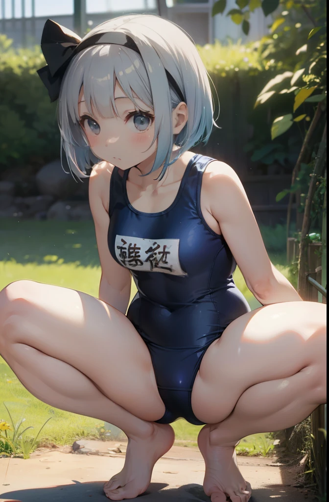 school swimsuit、Youmu、squatting down、between legs、spread legs、barefoot、