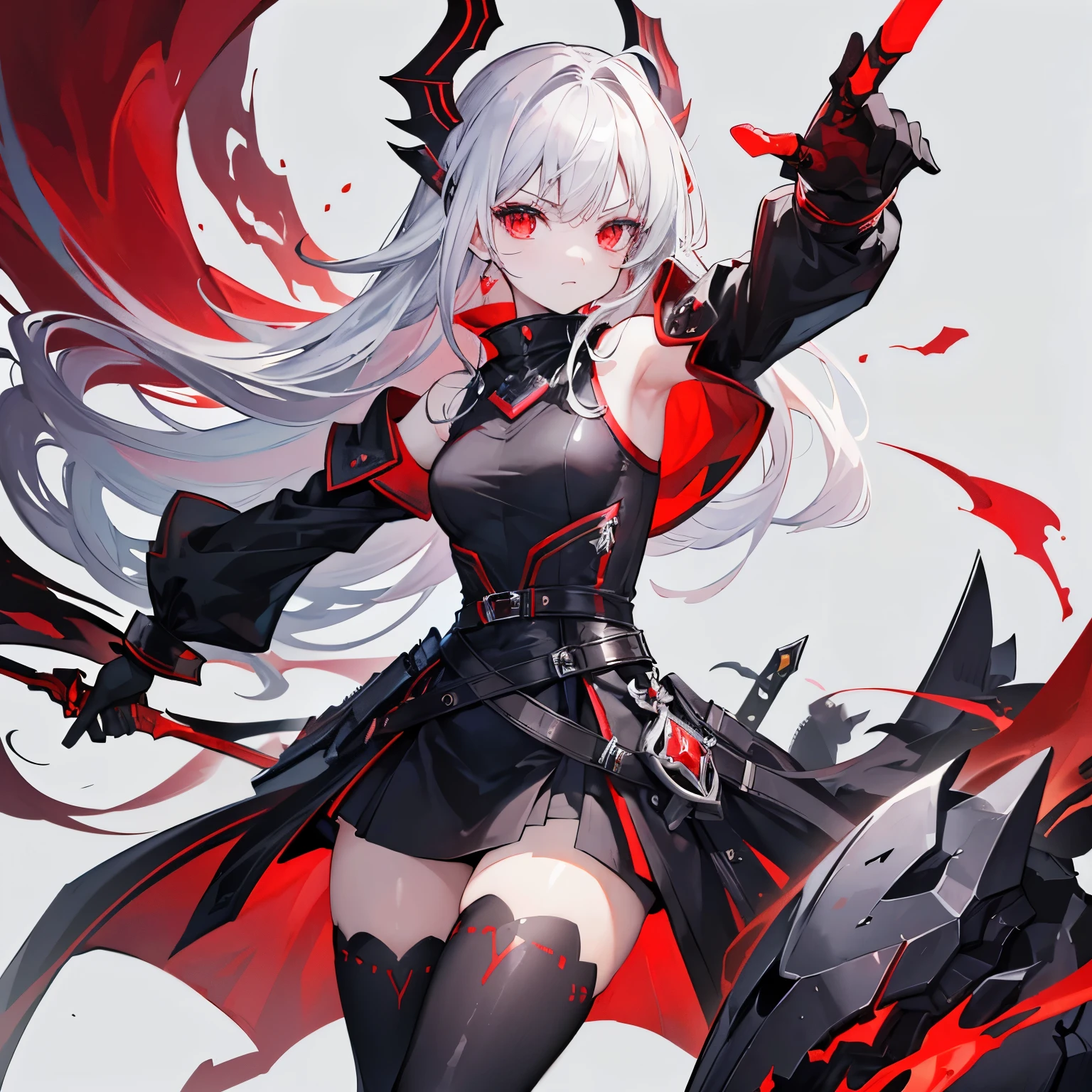 ((highest quality)), ((masterpiece)), (get used to it), perfect face,black dragon behind,gray hair,length,,Thighhighs,thighs,red lightning,Ghost Girl,Wearing a red aura、He is in a fighting stance wearing a black shiny sleeveless coat。.、red eyed girl,Ghost girl,knife
