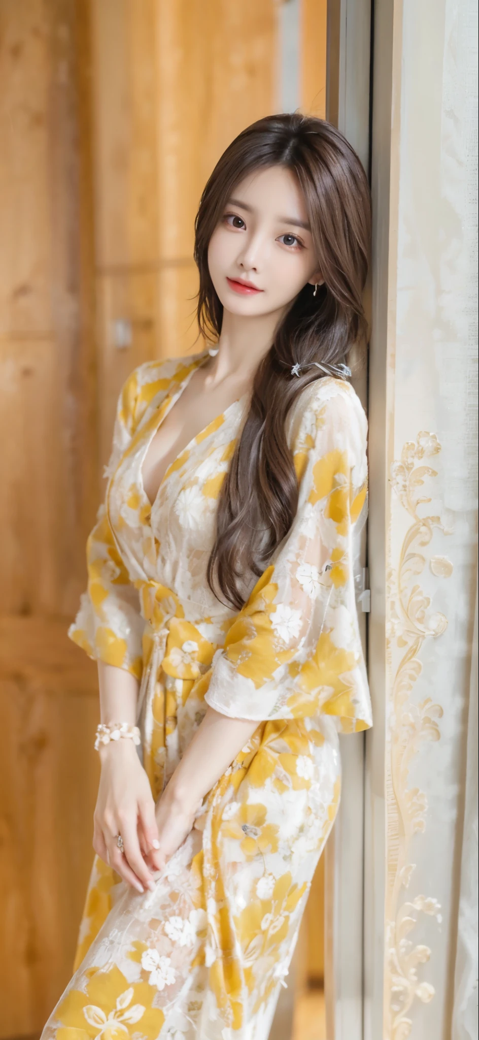 on the table, best quality, realistically, ultra - detailed, detailed, high resolution, 8k wallpaper, 1 beautiful woman,, light brown messy hair, wearing a suit, lock focus, Perfect dynamic composition, beautiful eyes, fine hair, Delicate skin texture, smiling, closeup portrait, Model diagram