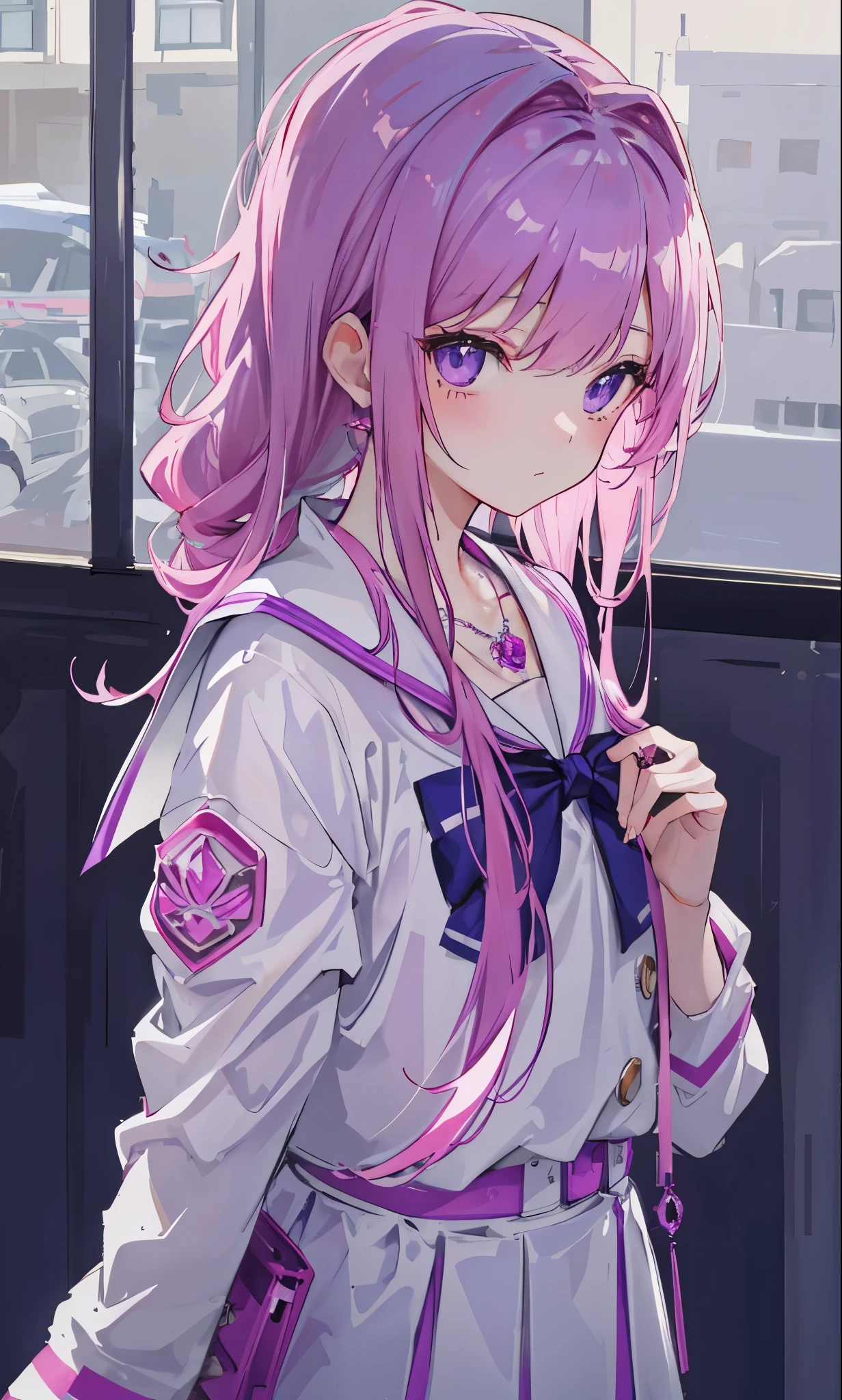 thick pink hair,high ponytail,Beautiful, soulful and delicate deep purple eyes,Sweet and soft girl,特别软萌cute,There are beauty moles,Wearing a white JK school uniform,blue leather jacket,teenage girl feeling,The body is fluorescent,十分Amazing,Beautiful and beautiful,Very nice face、figure,purple crystal necklace,Particularly clear、Amazing、pure、Sunlight、cute