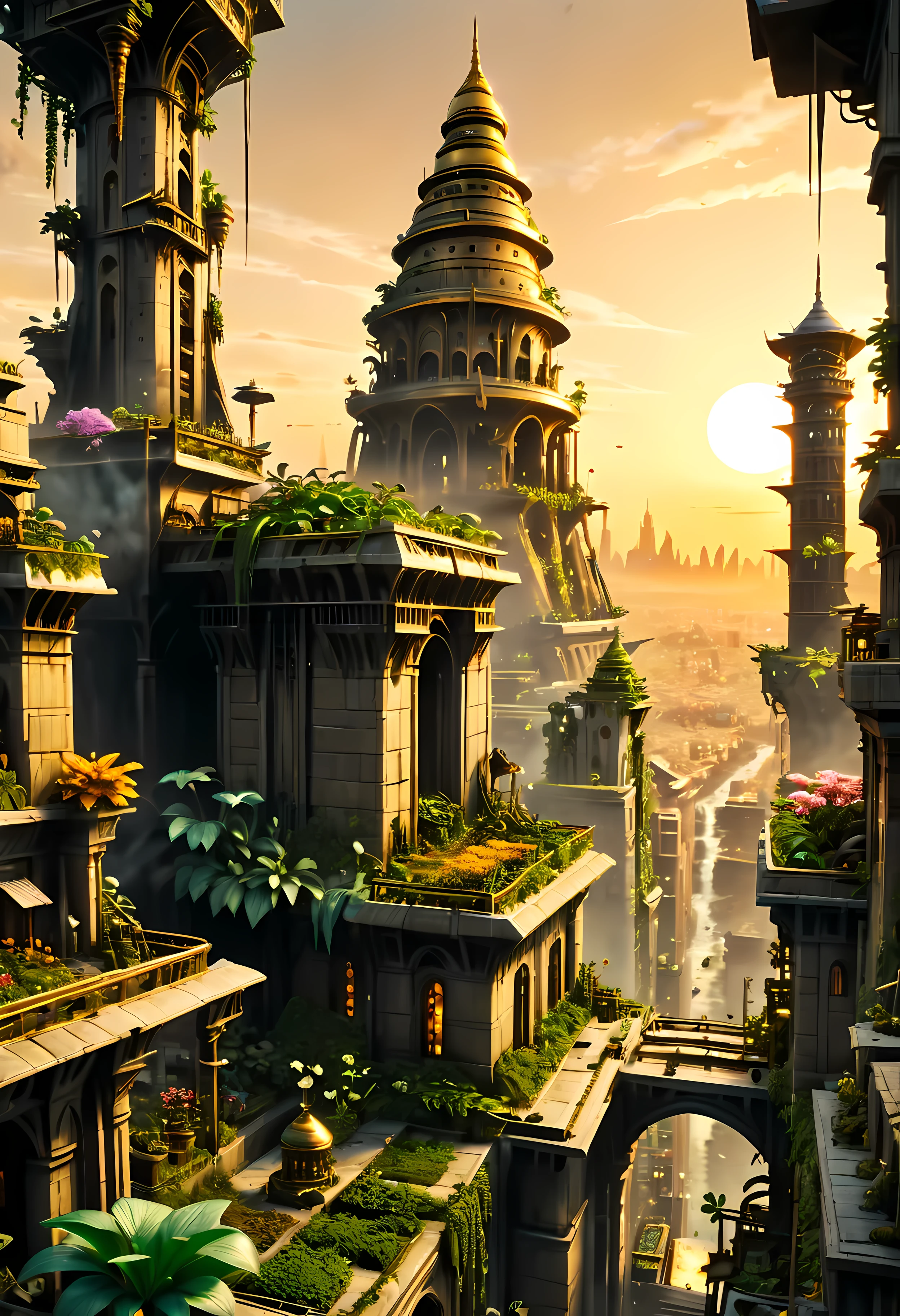 A Babylonian Hanging Garden overlooks Ancient Mesopotamian city with Majestic Tower of Bable, mesmerizing ancient tall tower by Sunset light,((golden hour time):1.2),((Lush Hanging Gardens):1.2),((Very tall Tower of Bable):1.1), delicate golden hour light, amazing wallpapers, beautiful surroundings, optimistic matte painting, Beautiful digital artwork, Ancient City of Babylon background, Beautiful and detailed scenes, UHD underground, UHD landscape, Majestic concept art, beautiful Ancient City. |(Masterpiece in maximum 16K resolution), the best quality, (very detailed CG unity 16k wallpaper quality),(Soft colors 16k highly detailed digital art),Super Detailed. | Perfect image,16k UE5,official painting, superfine, Depth of field, no contrast, clean sharp focus, professional, No blurring. | (((More detail))).