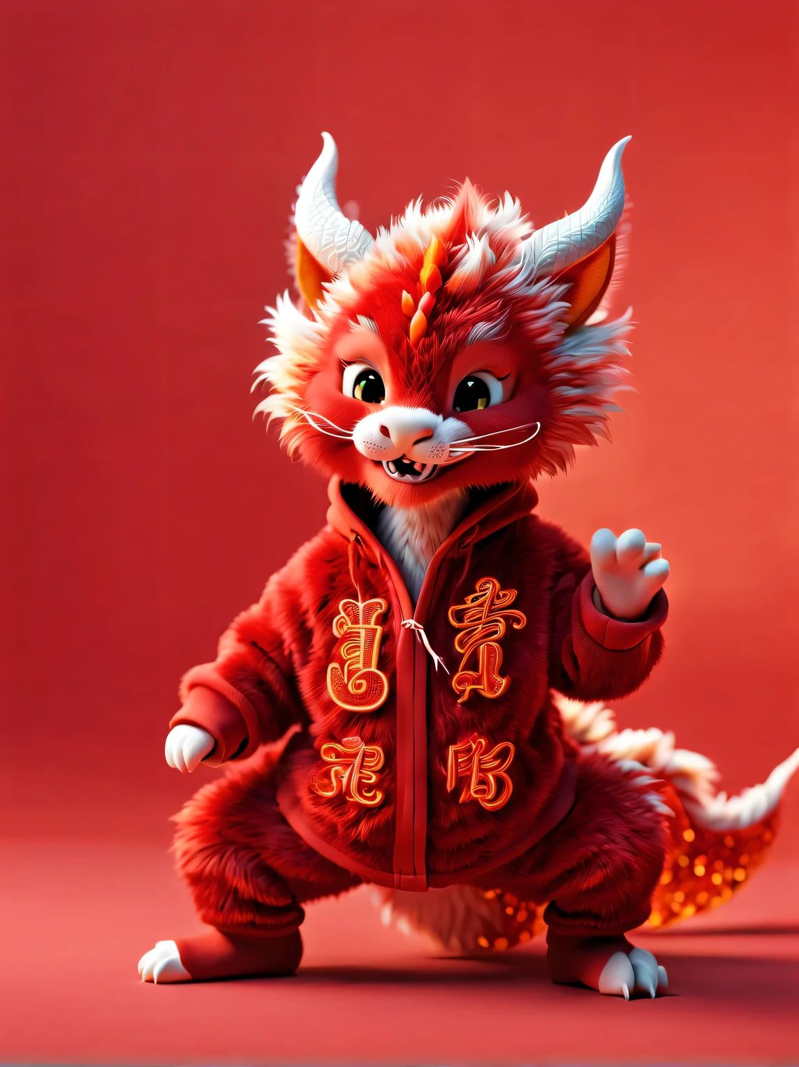 3d rendering, realistic fur, red wallpaper, Simple modern style, beautiful wallpaper, Super thin and naughty red and orange zodiac dragon  smiles and dances mischievously, frontal portrait, (looking at camera), Beijing, 🦑   design, (Wearing an embroidered hoodie), (monogram hoodie "AI": 1.37)，Paper art style, blown glass art style ,