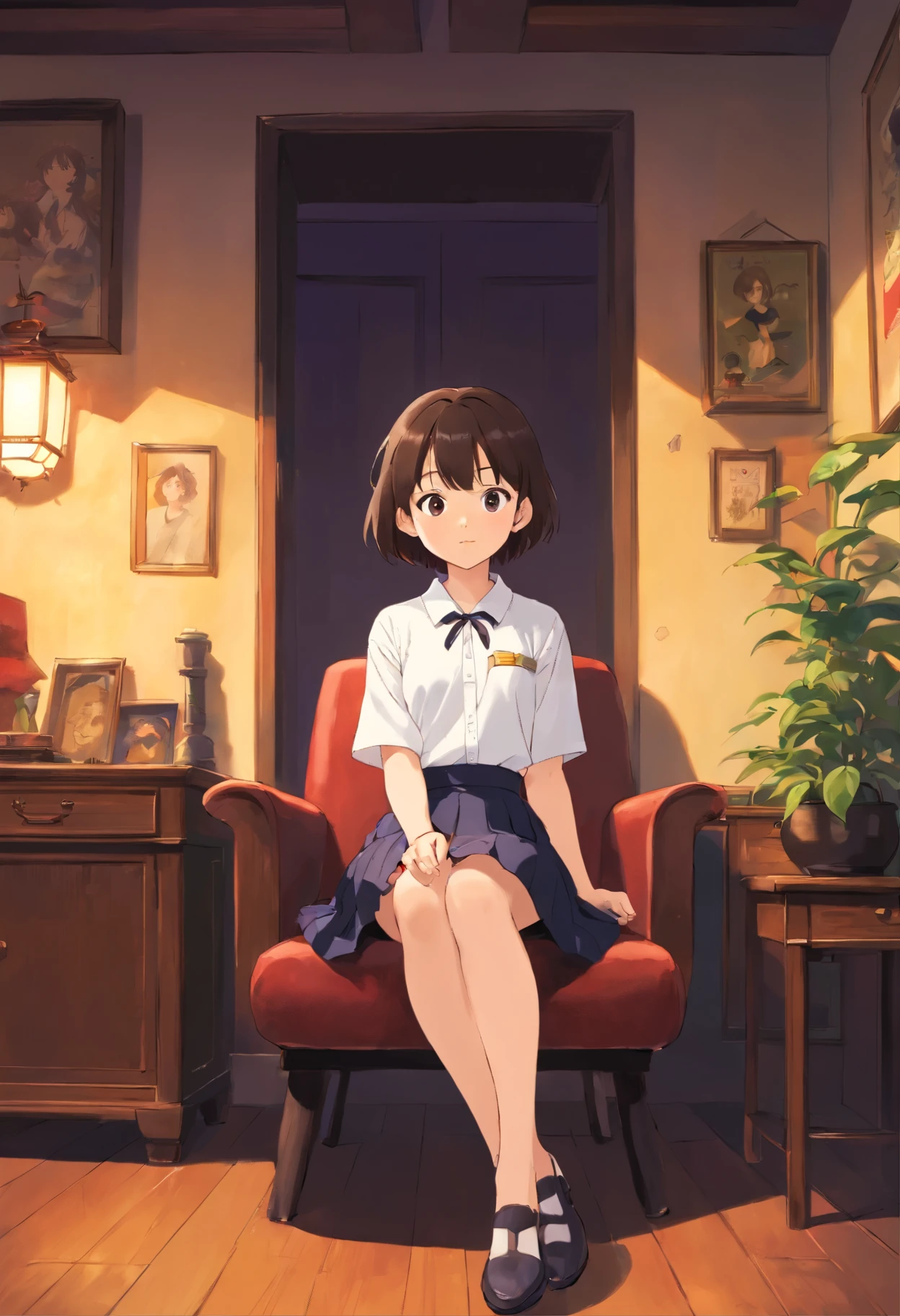 There is a Korean girl wearing a white shirt and black skirt,And he has short hair,And that girl is sitting on a chair,And she is looking forward into the camera,And that girl is 20 years old and the background of the room in which she is sitting is black and dark purple and golden light.