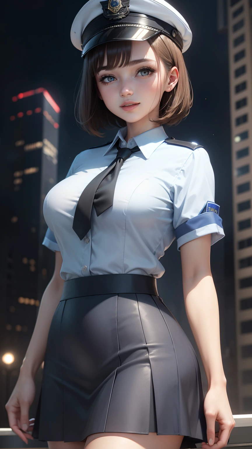 highest quality, masterpiece,  1 girl, light smile, dramatic lighting, from below、police uniform、Light blue short-sleeved shirt、black tie、Police Officer Cap、navy blue mini skirt、cleavage、Light Brown Short Bob Hair、Miniskirt Police、Skyscrapers、Moonlight night、3D rendering