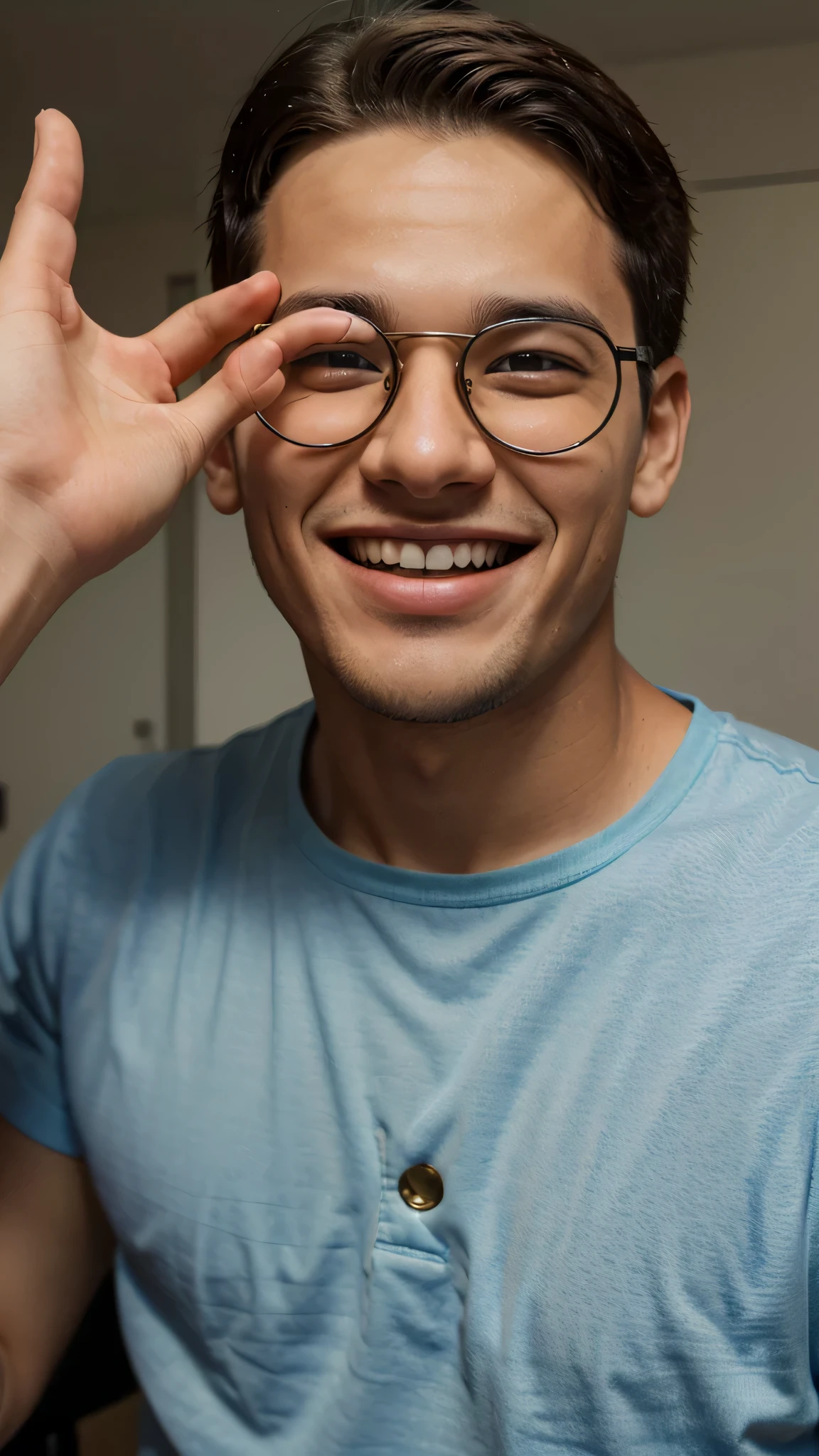 The visually impaired young man smiling as he shares the exciting news about his successful eye surgery.