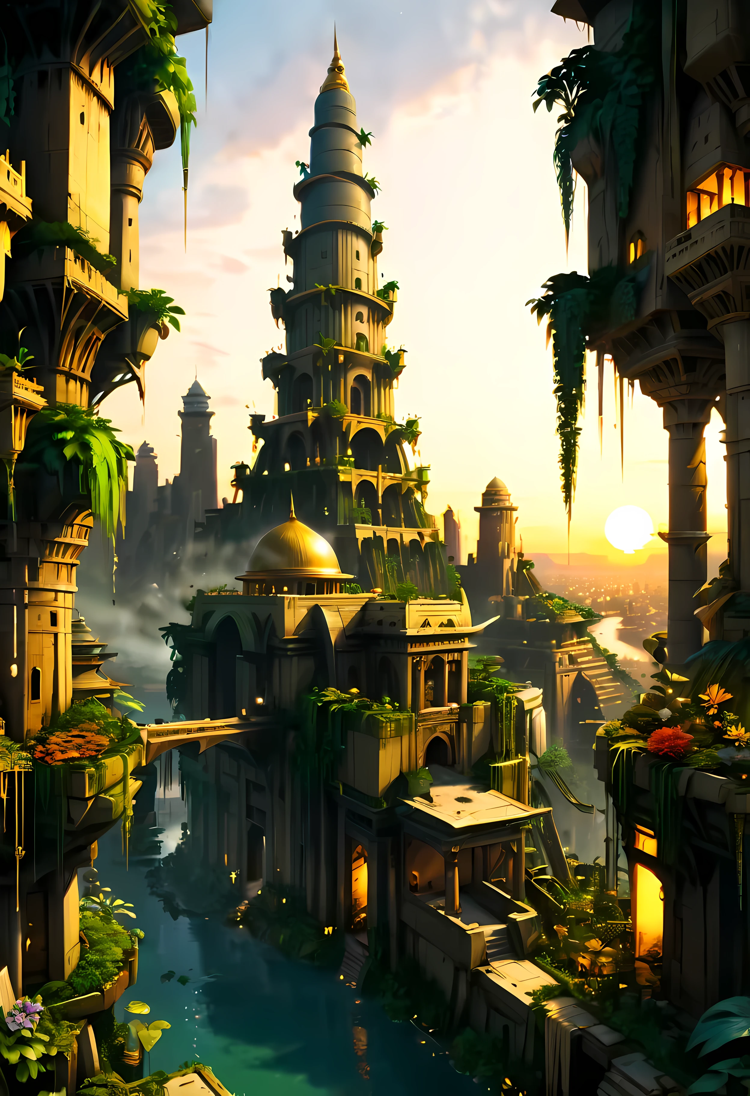 A Babylonian Hanging Garden overlooks Ancient Mesopotamian city with Majestic Tower of Bable, mesmerizing ancient tall tower by Sunset light,((golden hour time):1.2),((Lush Hanging Gardens):1.2),((Very tall Tower of Bable):1.1), delicate golden hour light, amazing wallpapers, beautiful surroundings, optimistic matte painting, Beautiful digital artwork, Ancient City of Babylon background, Beautiful and detailed scenes, UHD underground, UHD landscape, Majestic concept art, beautiful Ancient City. |(Masterpiece in maximum 16K resolution), the best quality, (very detailed CG unity 16k wallpaper quality),(Soft colors 16k highly detailed digital art),Super Detailed. | Perfect image,16k UE5,official painting, superfine, Depth of field, no contrast, clean sharp focus, professional, No blurring. | (((More detail))).