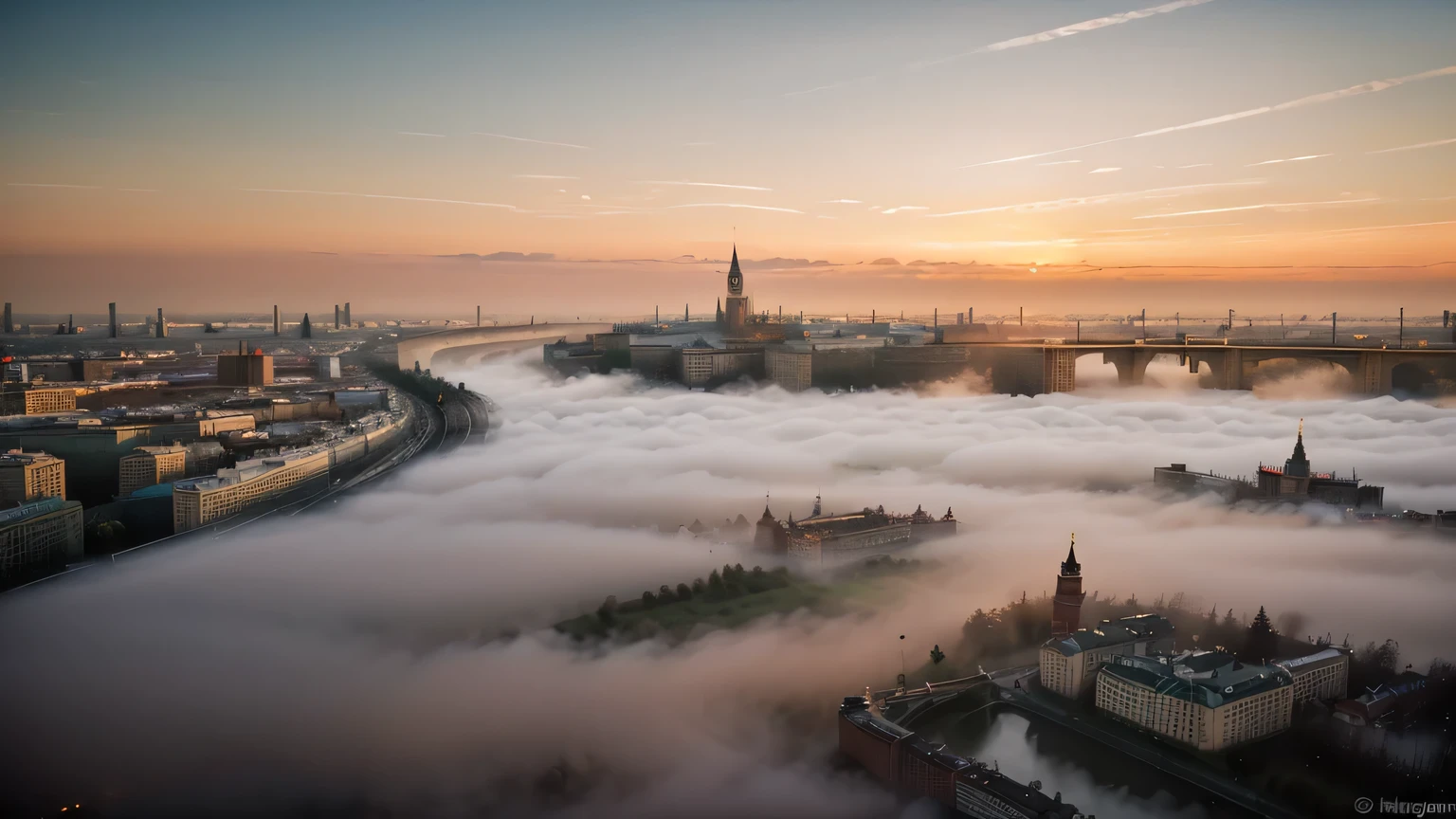 Old evening Moscow at sunset., landscape photo, light fog, Delicate colors