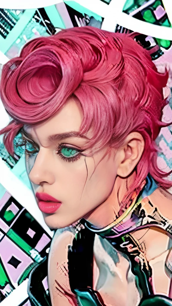 a close up of a woman with pink hair and a black jacket, pink iconic character, molly from neuromancer, with pink hair, hisoka, comicpunk, giorno giovanna, in jojo\'s bizarre adventure, portrait of hisoka hunter hunter, molly from the novel neuromancer, 8 0 s anime vibe, colored screentone