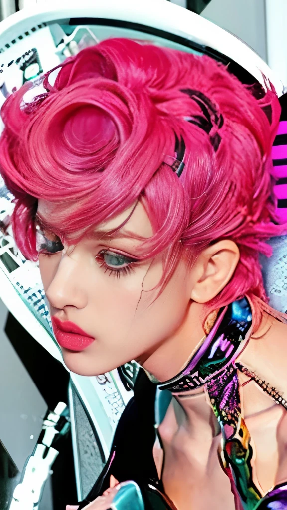 a close up of a woman with pink hair and a black jacket, pink iconic character, molly from neuromancer, with pink hair, hisoka, comicpunk, giorno giovanna, in jojo\'s bizarre adventure, portrait of hisoka hunter hunter, molly from the novel neuromancer, 8 0 s anime vibe, colored screentone