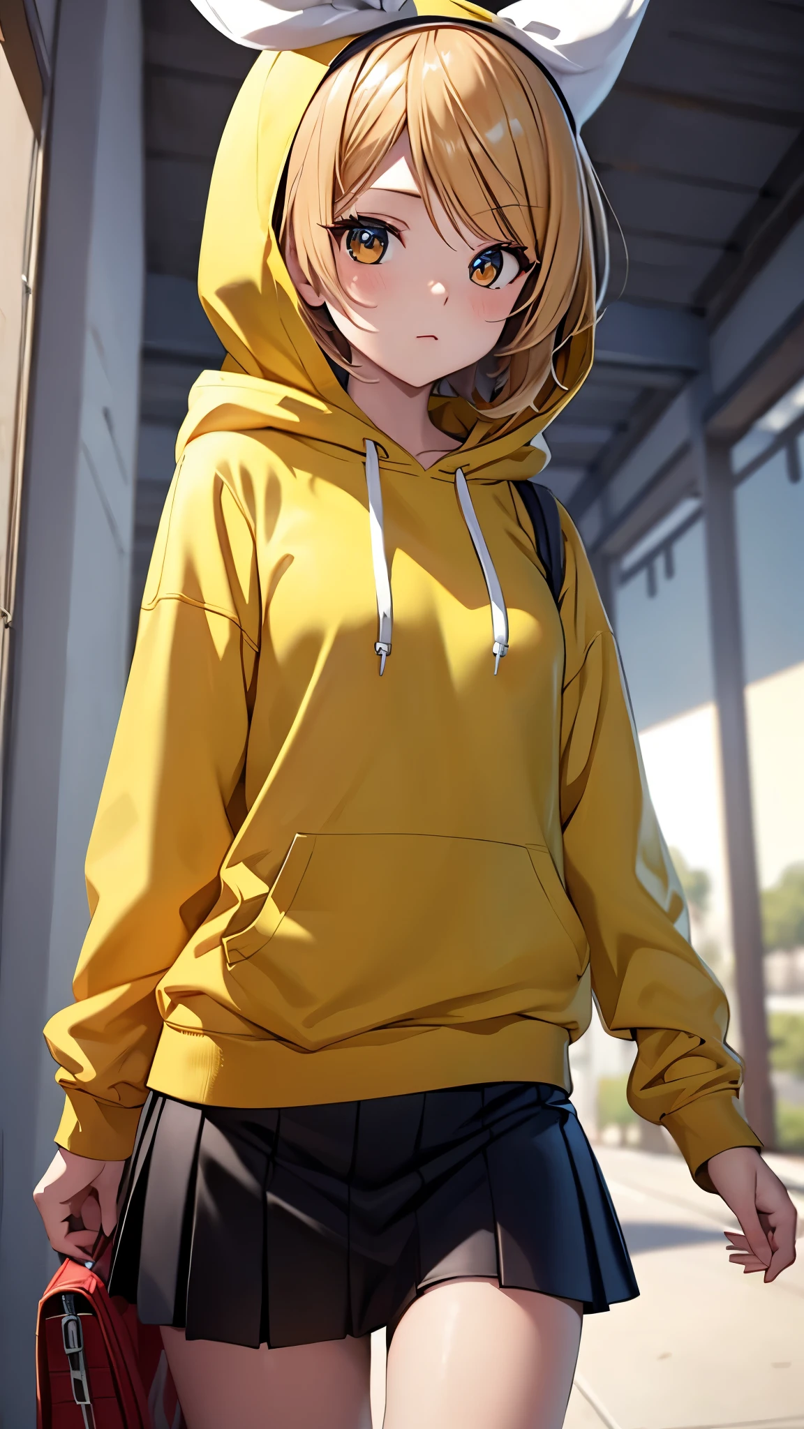 Kagamine rin , 1 girl , wearing a red hooded sweater , white miniskirt with gold horizontal lines , viendo al espectador , bragas visibles , rostro seductor ,(imagen de ultra alta calidad 8k ) obra maestra ( high-definition picture ) , maximum image resolution , ( detalles de la imagen bien definidos )