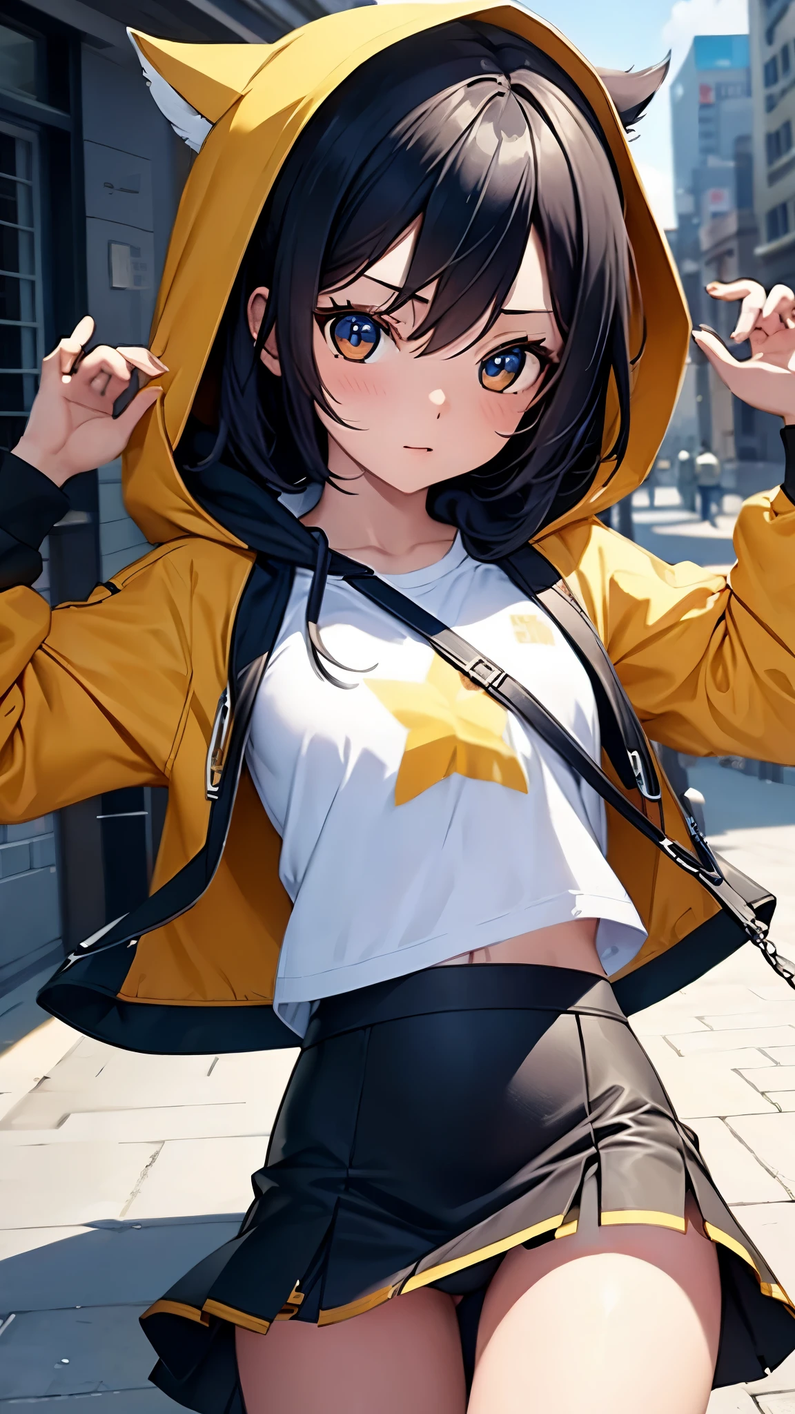 Kagamine rin , 1 girl , wearing a red hooded sweater , white miniskirt with gold horizontal lines , viendo al espectador , bragas visibles , rostro seductor ,(imagen de ultra alta calidad 8k ) obra maestra ( high-definition picture ) , maximum image resolution , ( detalles de la imagen bien definidos )