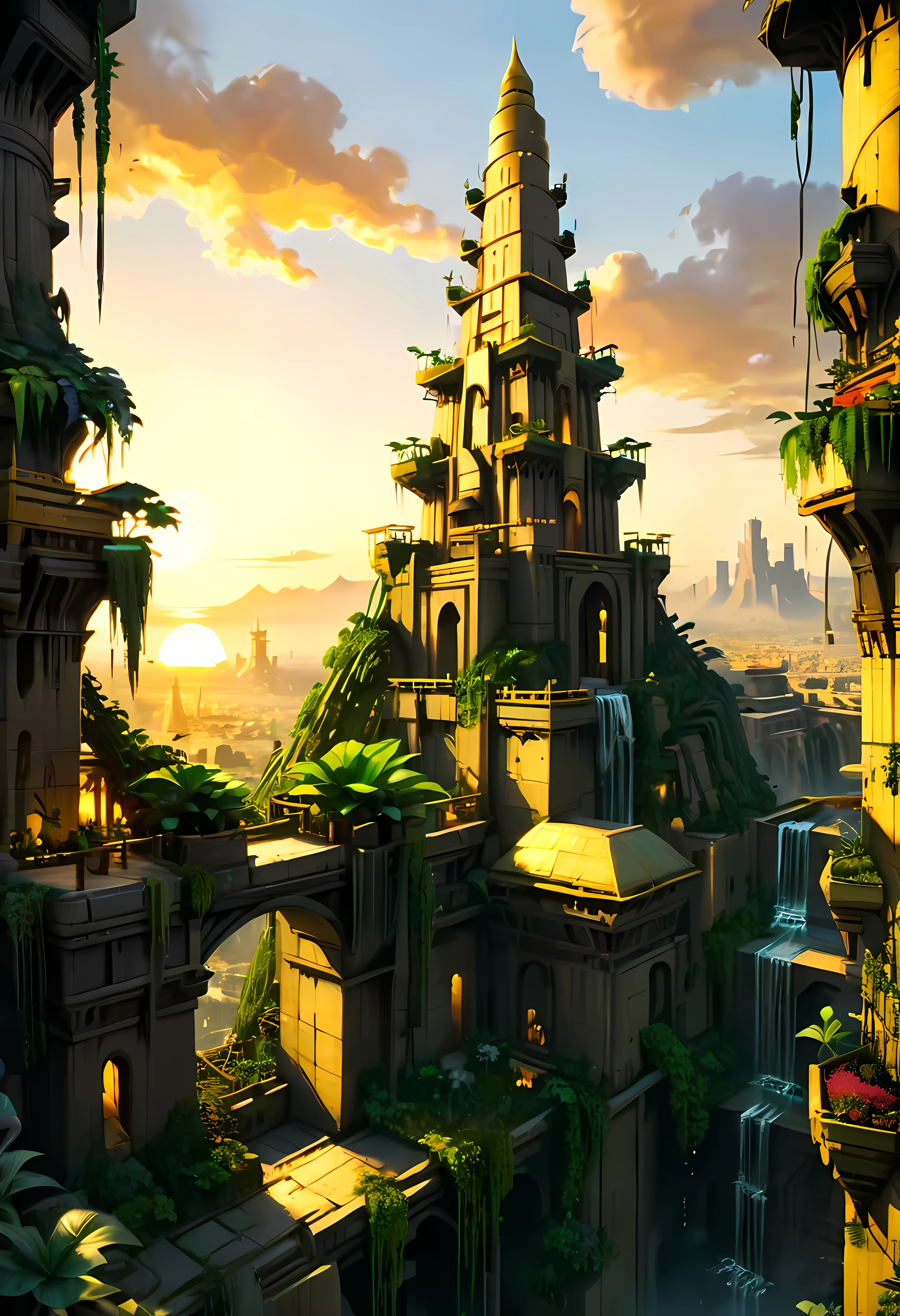 A Babylonian Hanging Garden overlooks Ancient Mesopotamian city with Majestic Tower of Bable, mesmerizing ancient tall tower by Sunset light,((golden hour time):1.2),((Lush Hanging Gardens):1.2),((Very tall Tower of Bable):1.1), delicate golden hour light, amazing wallpapers, beautiful surroundings, optimistic matte painting, Beautiful digital artwork, Ancient City of Babylon background, Beautiful and detailed scenes, UHD underground, UHD landscape, Majestic concept art, beautiful Ancient City. |(Masterpiece in maximum 16K resolution), the best quality, (very detailed CG unity 16k wallpaper quality),(Soft colors 16k highly detailed digital art),Super Detailed. | Perfect image,16k UE5,official painting, superfine, Depth of field, no contrast, clean sharp focus, professional, No blurring. | (((More detail))).