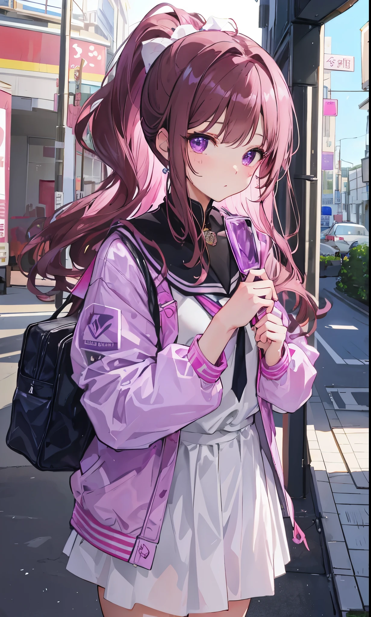 Thick pink brown hair,high ponytail,Beautiful, soulful and delicate deep purple eyes,Sweet and soft girl,特别软萌cute,There are beauty moles,Wearing a white JK school uniform,blue leather jacket,age girl feeling,The body is fluorescent,十分Amazing,Beautiful and beautiful,Very nice face、figure,purple crystal necklace,Particularly clear、Amazing、pure、Sunlight、cute