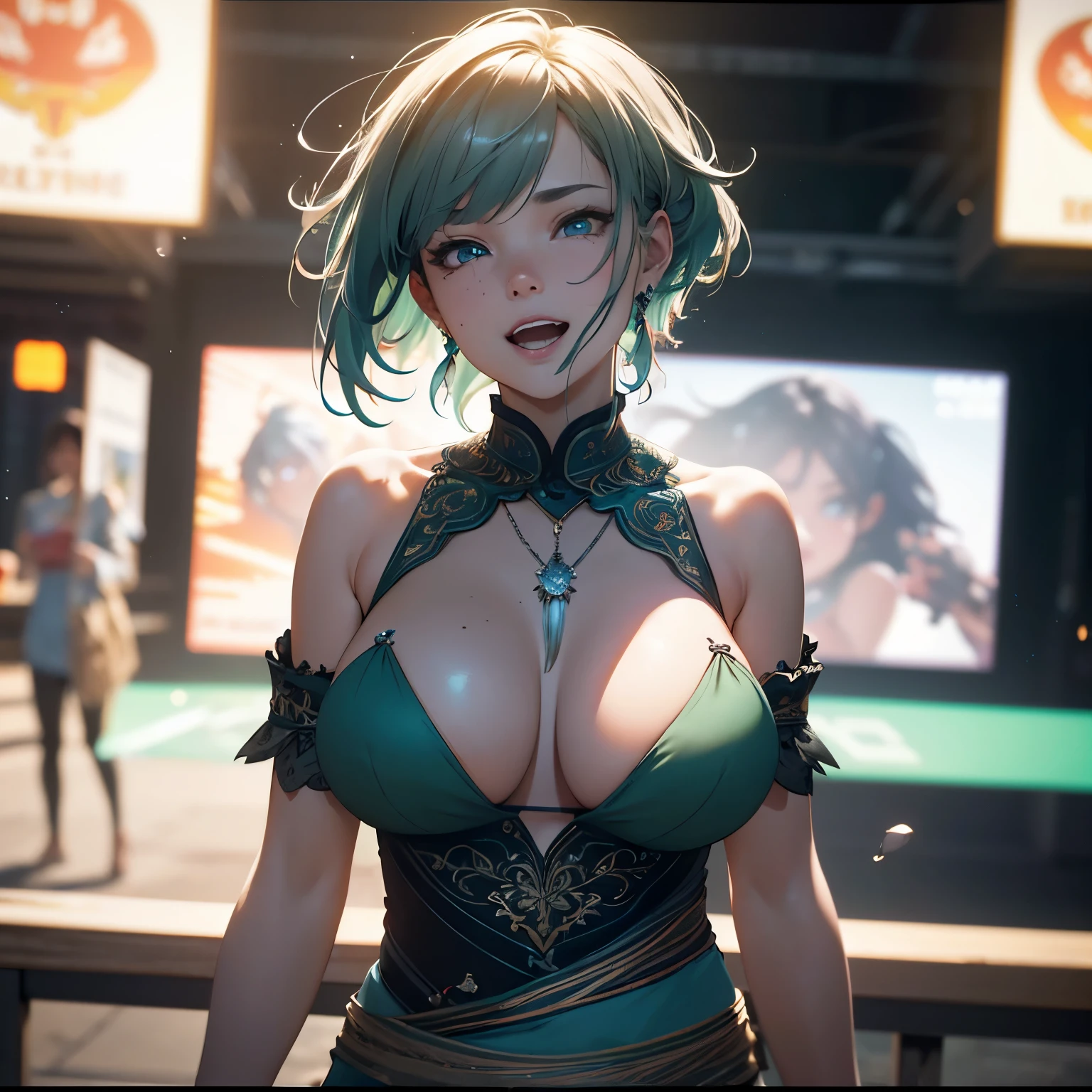 (masterpiece), (extremely intricate:1.3),, (realistic), Masterpiece, Best Quality, 8K, Photographic Reality, Realistic, Octane Rendering, (Shaman),(Only One Woman on the Screen: 1.3), (Green Shirt), (short light blue Hair), (Middle Aged), (Black pants),(silver teardrop pendant), (huge Laughing:1.1), (open mouth:1.1), (laughing, happy) (wide open eyes:1.2), (Blue Eyes) Upper Body Display (Asian-American) (extremely Huge Breasts), extremely huge Breasts, sharp focus, dramatic, award winning, cinematic lighting, octane render, unreal engine, volumetrics dtx, (film grain, bokeh, blurry foreground, blurry background),