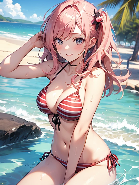 ((masterpiece, high quality, high resolution, absurd, super detailed, High saturation、8k)),real,,(bikini:1.5),(1girl), seductive smile,cute face、beautiful eyes、stand,pink hair、 (on the beach)