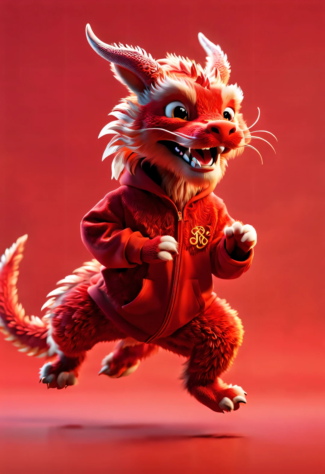 3d rendering, realistic fur, red wallpaper, Simple modern style, beautiful wallpaper, Super thin and naughty red and orange zodiac dragon baby，The claws dance in the air with a mischievous smile., dynamic action，frontal portrait, (looking at camera), Beijing, 🦑 design, (Wearing an embroidered hoodie), (monogram hoodie "AI": 1.37)，Paper art style, blown glass art style ,