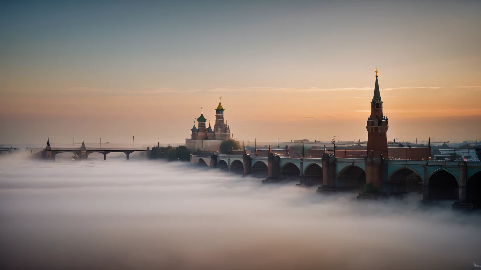 Old evening Moscow of the 14th century at sunset., landscape photo, light fog, Delicate colors
