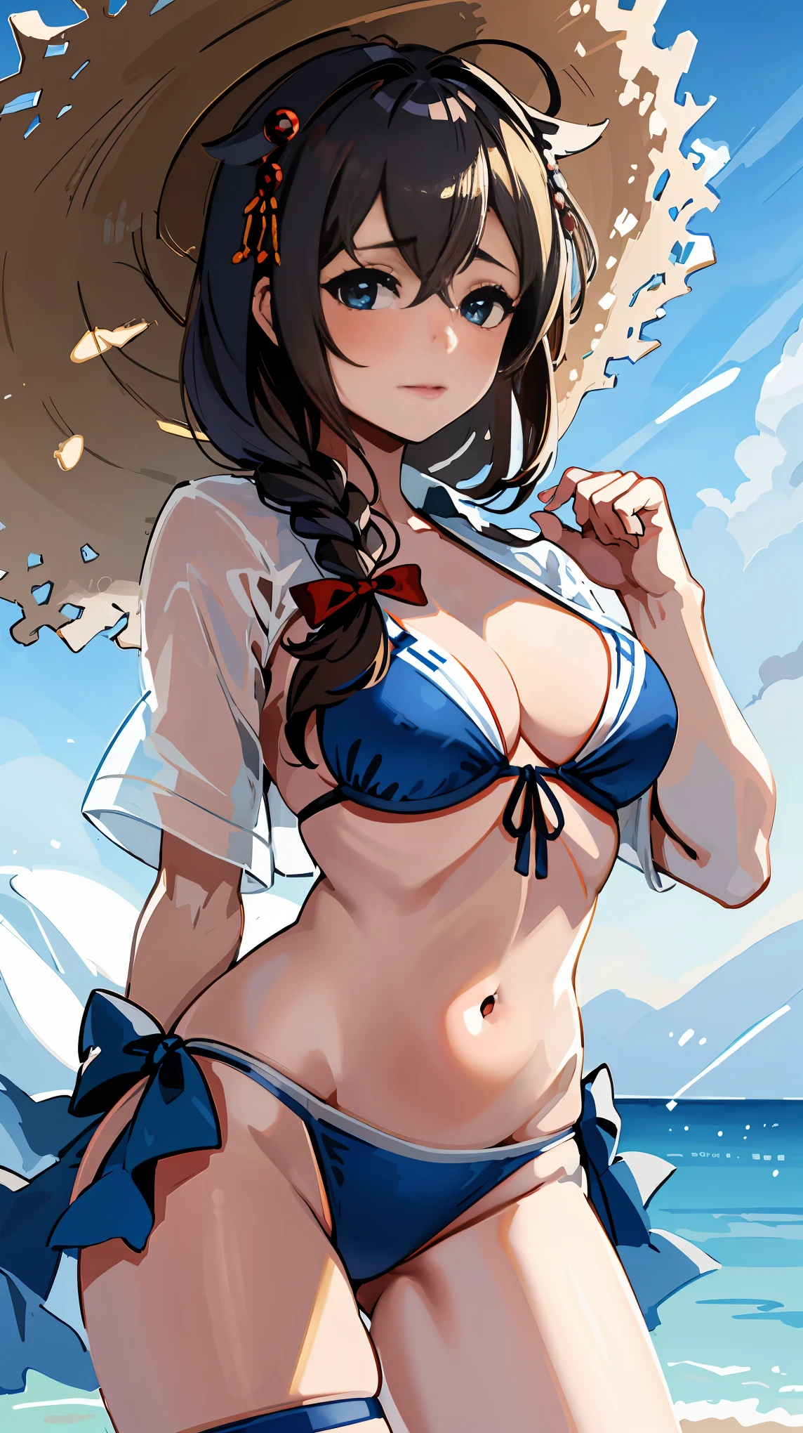 (masterpiece), (best quality), (ultra-detailed), photorealistic, (best illustration), (an extremely delicate and beautiful), 1girl, solo, Shigure Kai 3 KanColle Blue Bikini Ribbon Straw Hat High Quality 8k Wet Transparent Shirt  Very Fine Eyes Very Fine Face、Insanely detailed body、Extremely fine skin, very elaborate hair ornament, Precisely shaped body and hands