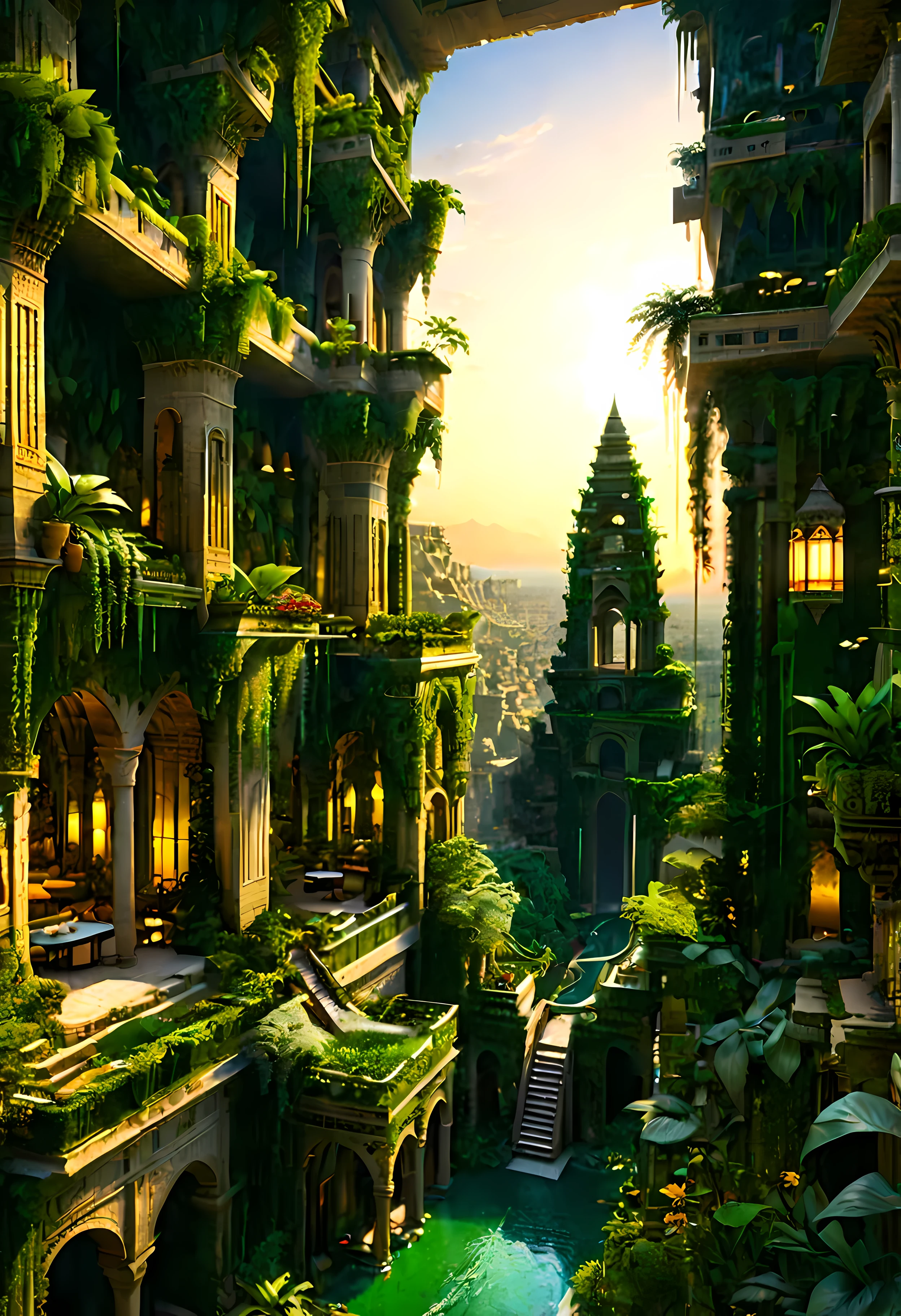 A Babylonian Hanging Garden overlooks Ancient Mesopotamian city with Majestic Tower of Bable, mesmerizing ancient tall tower by Sunset light,((golden hour time):1.2),((Lush Hanging Gardens):1.2),((Very tall Tower of Bable):1.1), delicate golden hour light, amazing wallpapers, beautiful surroundings, optimistic matte painting, Beautiful digital artwork, Ancient City of Babylon background, Beautiful and detailed scenes, UHD underground, UHD landscape, Majestic concept art, beautiful Ancient City. |(Masterpiece in maximum 16K resolution), the best quality, (very detailed CG unity 16k wallpaper quality),(Soft colors 16k highly detailed digital art),Super Detailed. | Perfect image,16k UE5,official painting, superfine, Depth of field, no contrast, clean sharp focus, professional, No blurring. | (((More detail))).