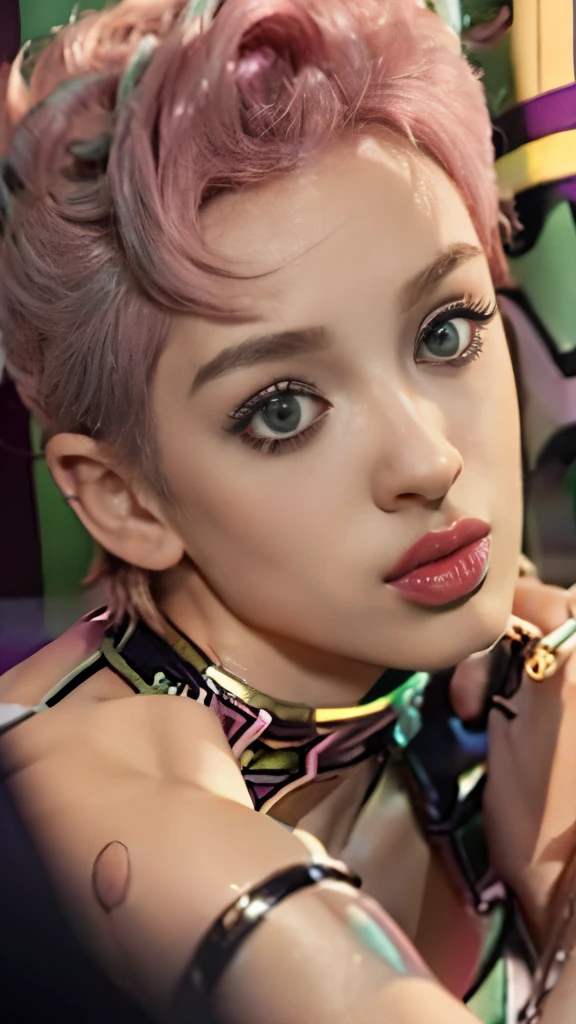 a close up of a woman with a pink hair and a collar, in jojo\'s bizarre adventure, giorno giovanna, gyro zeppeli, jojo anime style, jojo\'s bizarre adventure, jjba, joseph joestar, misato katsuragi, jojo's bizarre adventures, jojo's bizarre adventure, jojo bizarre adventure, jojo style