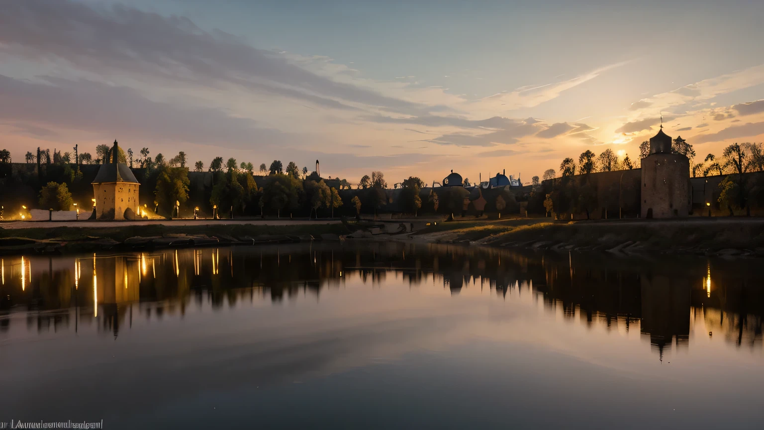 Древний город On the Sunset, Ancient Yaroslavl 1400. On the Sunset, Old Slavonic architecture of ancient Yaroslavl from the era of 1400., Красивый Ярославль On the Sunset., gentle evening tones, Even light, evening refraction of rays, beautiful landscape