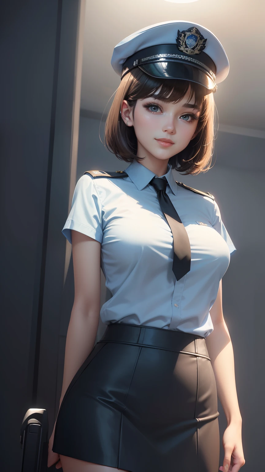 highest quality, masterpiece,  1 girl, light smile, dramatic lighting, from below、police uniform、Light blue short-sleeved shirt、black tie、Police Officer Cap、navy blue mini skirt、cleavage、Light Brown Short Bob Hair、Miniskirt Police、Skyscrapers、Moonlight night、3D rendering