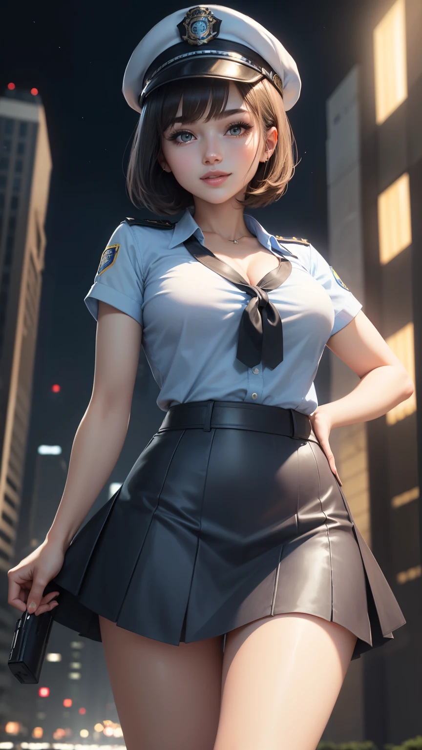 highest quality, masterpiece, 1 girl, light smile, dramatic lighting, from below、police uniform、Light blue short-sleeved shirt、black tie、Police Officer Cap、navy blue mini skirt、cleavage、Light Brown Short Bob Hair、Miniskirt Police、Skyscrapers、Moonlight night、3D rendering