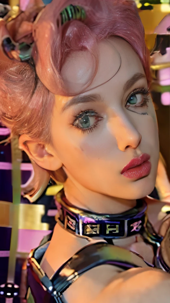 a close up of a woman with a pink hair and a collar, in jojo\'s bizarre adventure, giorno giovanna, gyro zeppeli, jojo anime style, jojo\'s bizarre adventure, jjba, joseph joestar, misato katsuragi, jojo's bizarre adventures, jojo's bizarre adventure, jojo bizarre adventure, jojo style