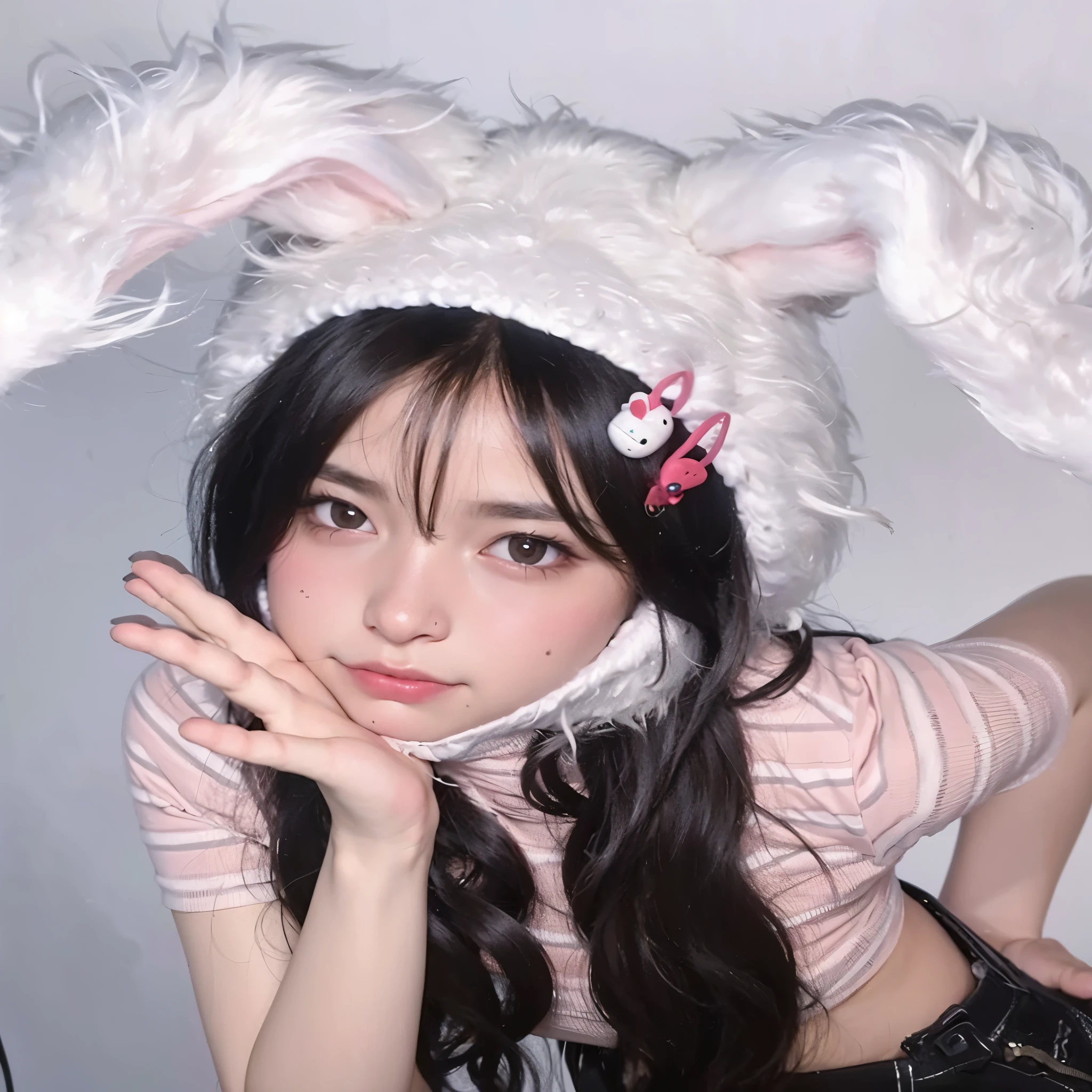 araffe girl with long black hair wearing a Orejas de conejo and a pink shirt, with Orejas de conejo, with long, floppy rabbit ears, con grandes orejas de conejo, con orejas de conejo, ultrarealistic sweet conejita, shikami, sakimichan, conejita, Orejas de conejo, wearing cybernetic Orejas de conejo, con un disfraz de conejo rosa