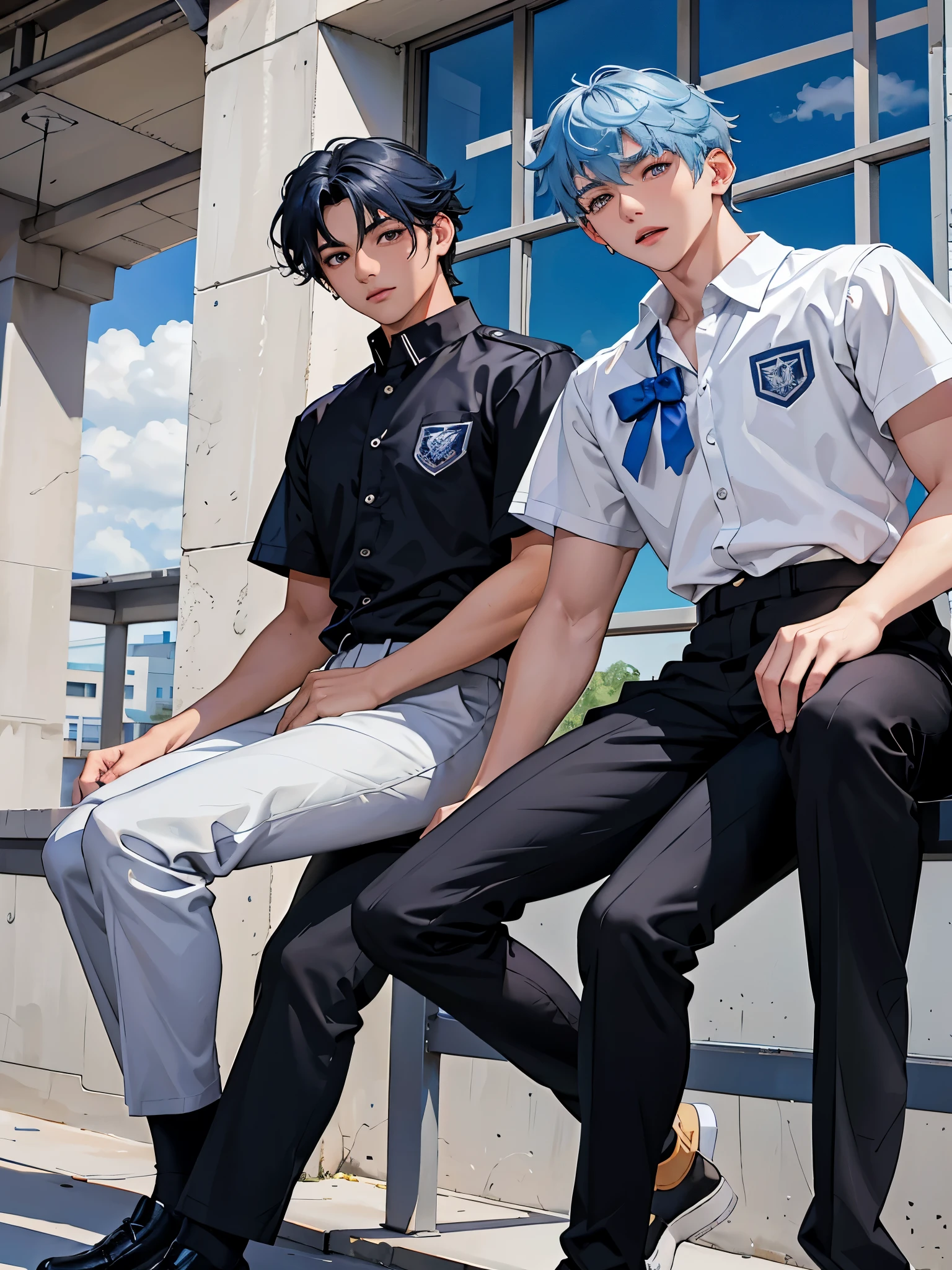 hay dos chico hablando contandose una historia con la boca abierta ,with white skin and blue hair, handsome high school students in high school uniform, 15 years old, on the terrace of a school building, they are sitting next to each other, they wear a gray school shirt and black pants.