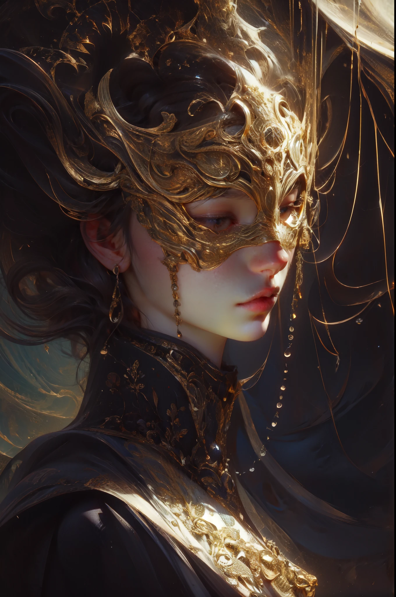 portrait, a woman wearing a blind halo mask, necklace, tone mapped, detailed, highly detailed, digital painting, artstation, concept art, dark art, soft, sharp focus, beautiful illustration, photo, illuminated, dynamic lighting, fog, intricate, film grain, professional, facing the viewer, OldEgyptAI, dark hue