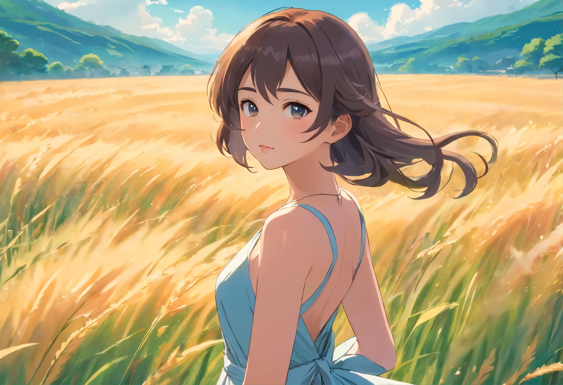 A woman in a dress poses in a field, Japanese goddess, amazing beauty, beautiful Asian girl, open dress, flowing dress, graceful beauty, sexy dress, detailed facial features, beautiful Eyes, slightly parted lips, upper body, portrait, detailed fingers, ladylike pose