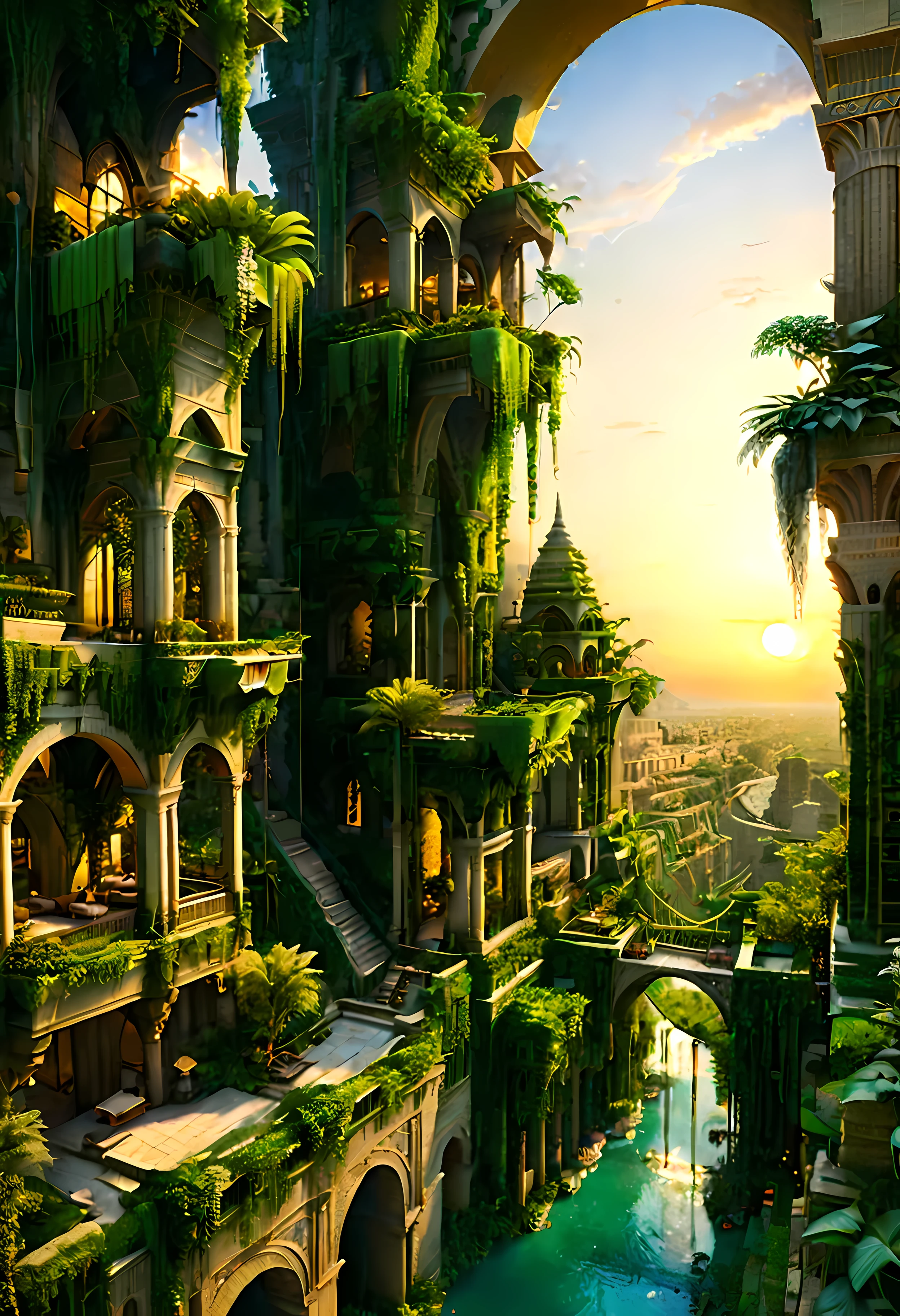 A Babylonian Hanging Garden overlooks Ancient Mesopotamian city with Majestic Tower of Bable, mesmerizing ancient tall tower by Sunset light,((golden hour time):1.2),((Lush Hanging Gardens):1.2),((Very tall Tower of Bable):1.1), delicate golden hour light, amazing wallpapers, beautiful surroundings, optimistic matte painting, Beautiful digital artwork, Ancient City of Babylon background, Beautiful and detailed scenes, UHD underground, UHD landscape, Majestic concept art, beautiful Ancient City. |(Masterpiece in maximum 16K resolution), the best quality, (very detailed CG unity 16k wallpaper quality),(Soft colors 16k highly detailed digital art),Super Detailed. | Perfect image,16k UE5,official painting, superfine, Depth of field, no contrast, clean sharp focus, professional, No blurring. | (((More detail))).