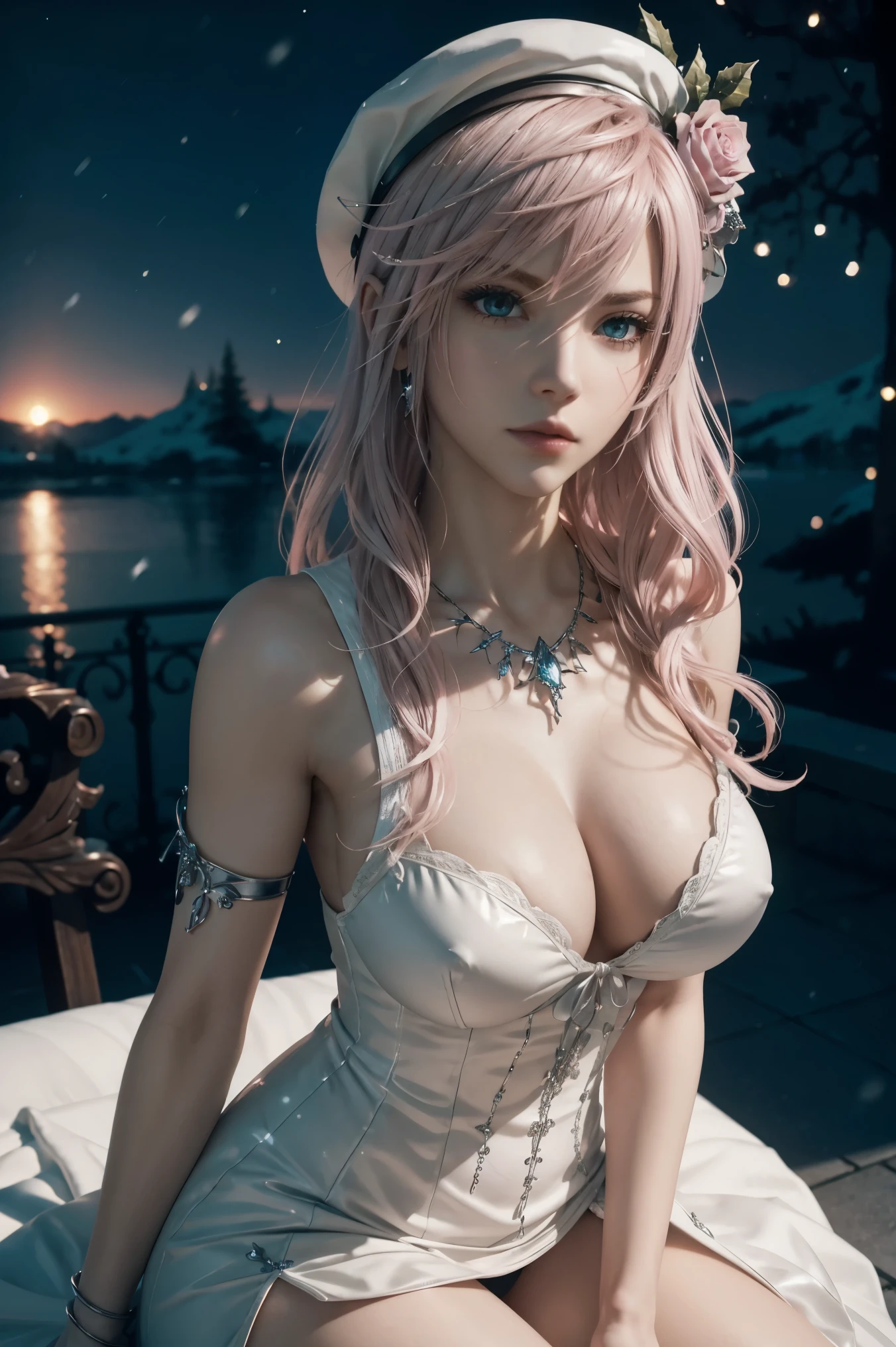 
The best piece,Artistically beautiful,lightning,Final Fantasy 13,FF1 pink blonde,Beautiful pink hair,medium hair, curly hair on one side, Letting down your bangs,beautiful blue eyes,Gothic dresses,Photorealsitic,An ultra-high picture quality,hightquality,​masterpiece,Digital SLR,Detailed details,Intricate details,Based on anatomical grounds,Depicted in detail,Detailed face,realistic skin textures,Vivid details,perfect anatomia,perfect anatomia,Anatomically correct hand,Anatomically correct fingers,Super Detail,Complex 3D Rendering,Colossal tits,sexy pose,White gold sequin long dress studded with silver,white gold rose hat,white fur coat,Gift Ribbon,More about neon colors,Put it in a nice photo frame and display it,Blue Nails,Beautiful sunset,clear cold sky,Fantastic sunset,beautiful christmas scenery,mysterious snow scene,It's snowing,beautiful ilumination,Christmas tree,Picturesque beauty,Photograph the whole body,9 head body,Pink lip,Luxurious necklace,emphasize the beautiful whole body,Beautiful nails,Black bondage,Beautiful burning rose,High-leg T-back,