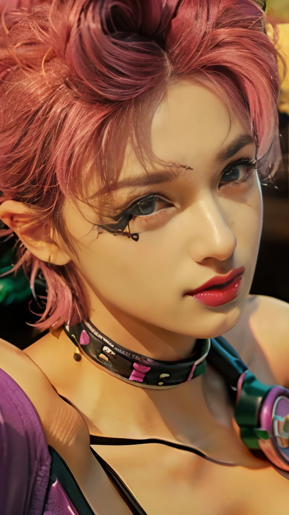 a close up of a woman with a pink hair and a collar, in jojo\'s bizarre adventure, giorno giovanna, gyro zeppeli, jojo anime style, jojo\'s bizarre adventure, jjba, joseph joestar, misato katsuragi, jojo's bizarre adventures, jojo's bizarre adventure, jojo bizarre adventure, jojo style