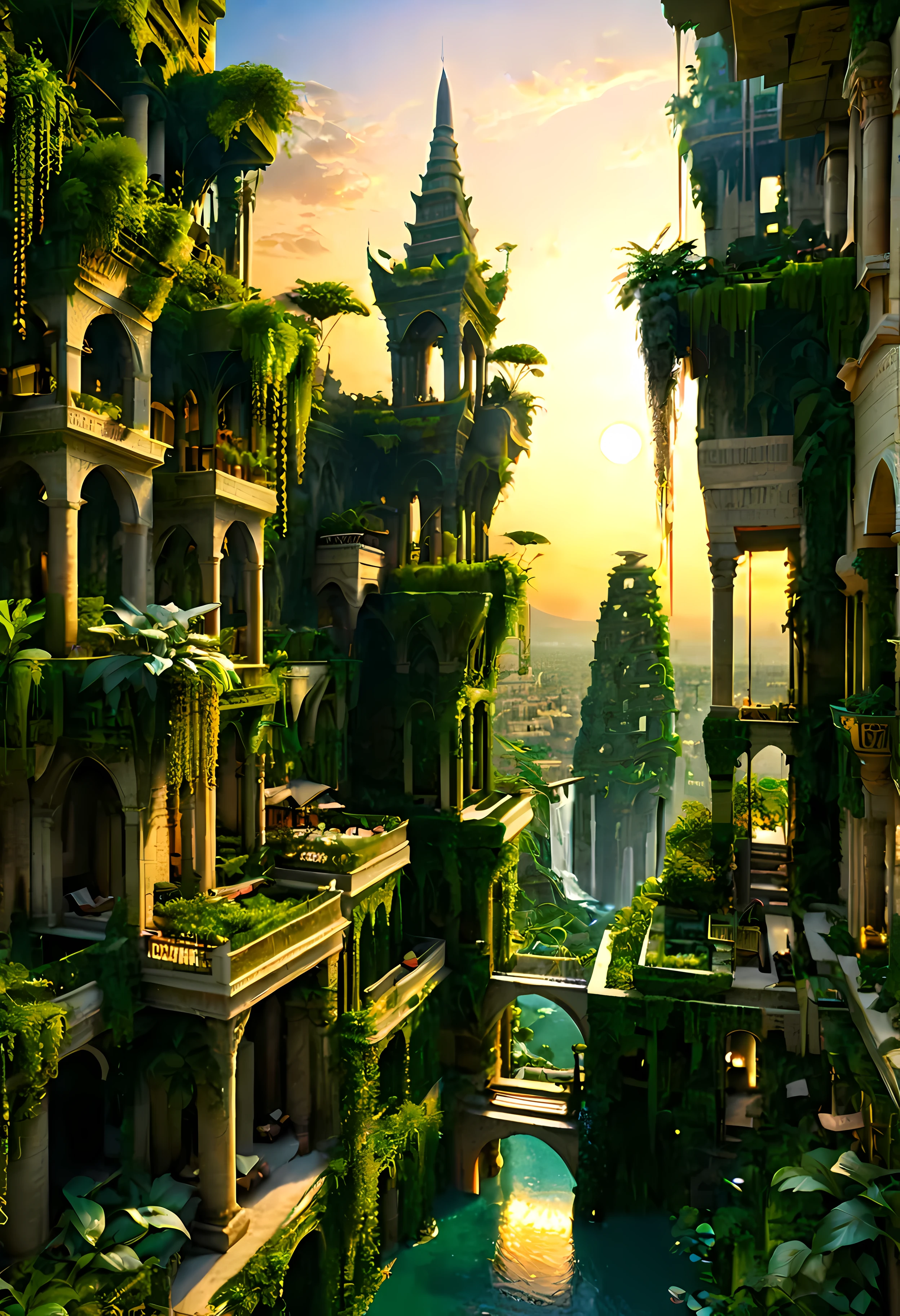 A Babylonian Hanging Garden overlooks Ancient Mesopotamian city with Majestic Tower of Bable, mesmerizing ancient tall tower by Sunset light,((golden hour time):1.2),((Lush Hanging Gardens):1.2),((Very tall Tower of Bable):1.1), delicate golden hour light, amazing wallpapers, beautiful surroundings, optimistic matte painting, Beautiful digital artwork, Ancient City of Babylon background, Beautiful and detailed scenes, UHD underground, UHD landscape, Majestic concept art, beautiful Ancient City. |(Masterpiece in maximum 16K resolution), the best quality, (very detailed CG unity 16k wallpaper quality),(Soft colors 16k highly detailed digital art),Super Detailed. | Perfect image,16k UE5,official painting, superfine, Depth of field, no contrast, clean sharp focus, professional, No blurring. | (((More detail))).