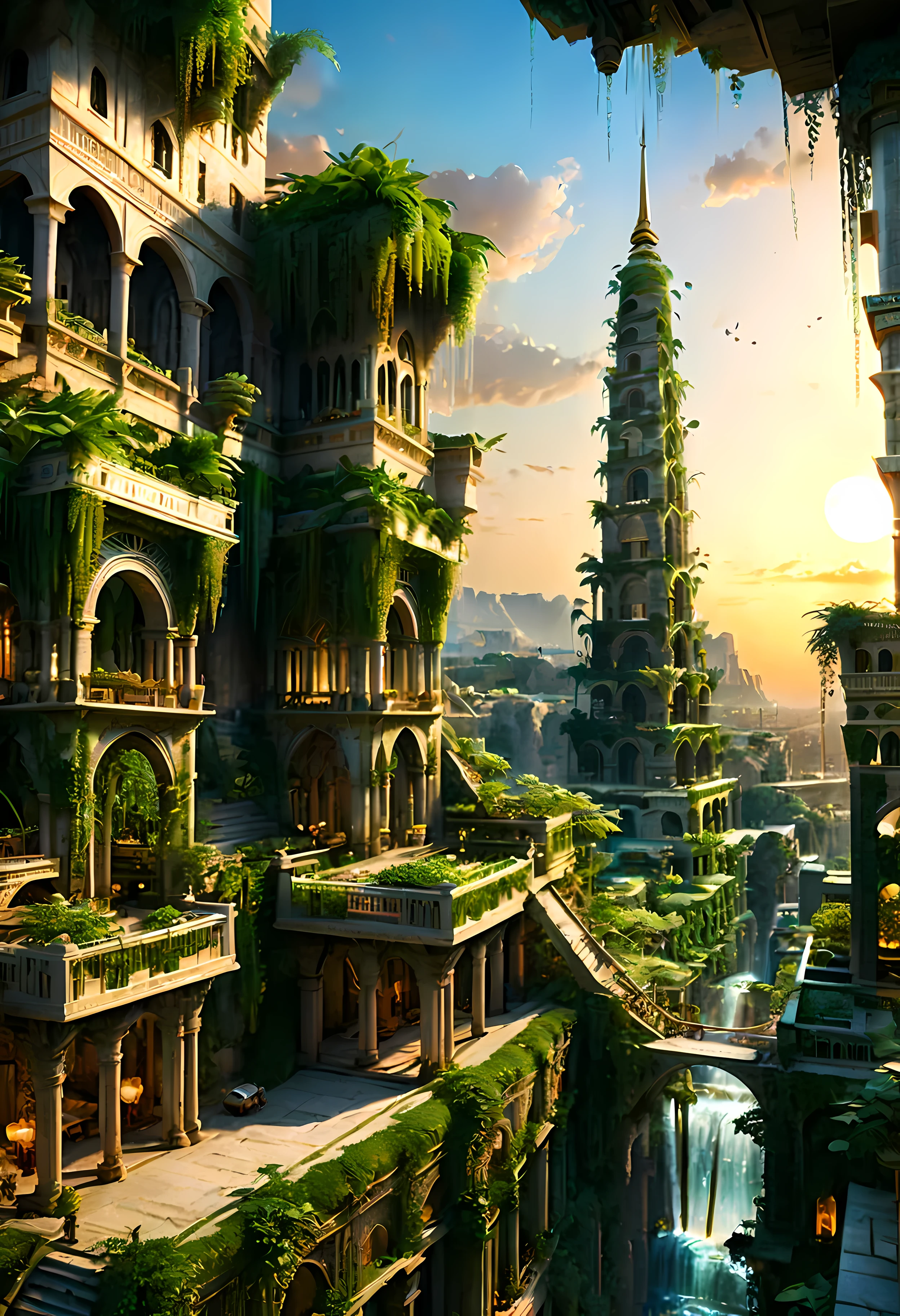 A Babylonian Hanging Garden overlooks Ancient Mesopotamian city with Majestic Tower of Bable, mesmerizing ancient tall tower by Sunset light,((golden hour time):1.2),((Lush Hanging Gardens):1.2),((Very tall Tower of Bable):1.1), delicate golden hour light, amazing wallpapers, beautiful surroundings, optimistic matte painting, Beautiful digital artwork, Ancient City of Babylon background, Beautiful and detailed scenes, UHD underground, UHD landscape, Majestic concept art, beautiful Ancient City. |(Masterpiece in maximum 16K resolution), the best quality, (very detailed CG unity 16k wallpaper quality),(Soft colors 16k highly detailed digital art),Super Detailed. | Perfect image,16k UE5,official painting, superfine, Depth of field, no contrast, clean sharp focus, professional, No blurring. | (((More detail))).