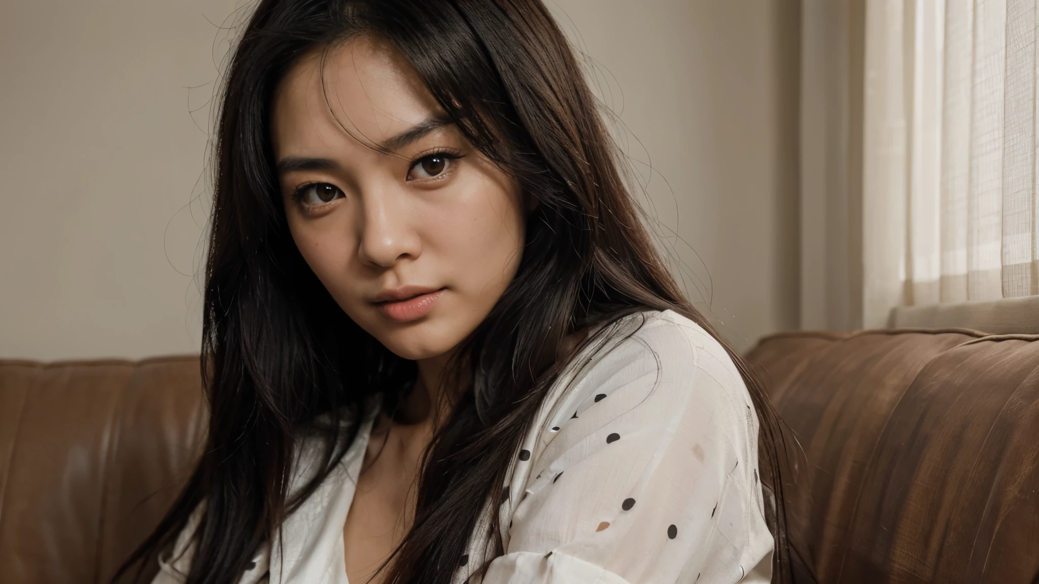 asian woman with long black hair looking at the camera,8k realistic picture in the style of realist detail, criterion collection, light brown and white, mote kei, celebrity portraits, close up, dotted