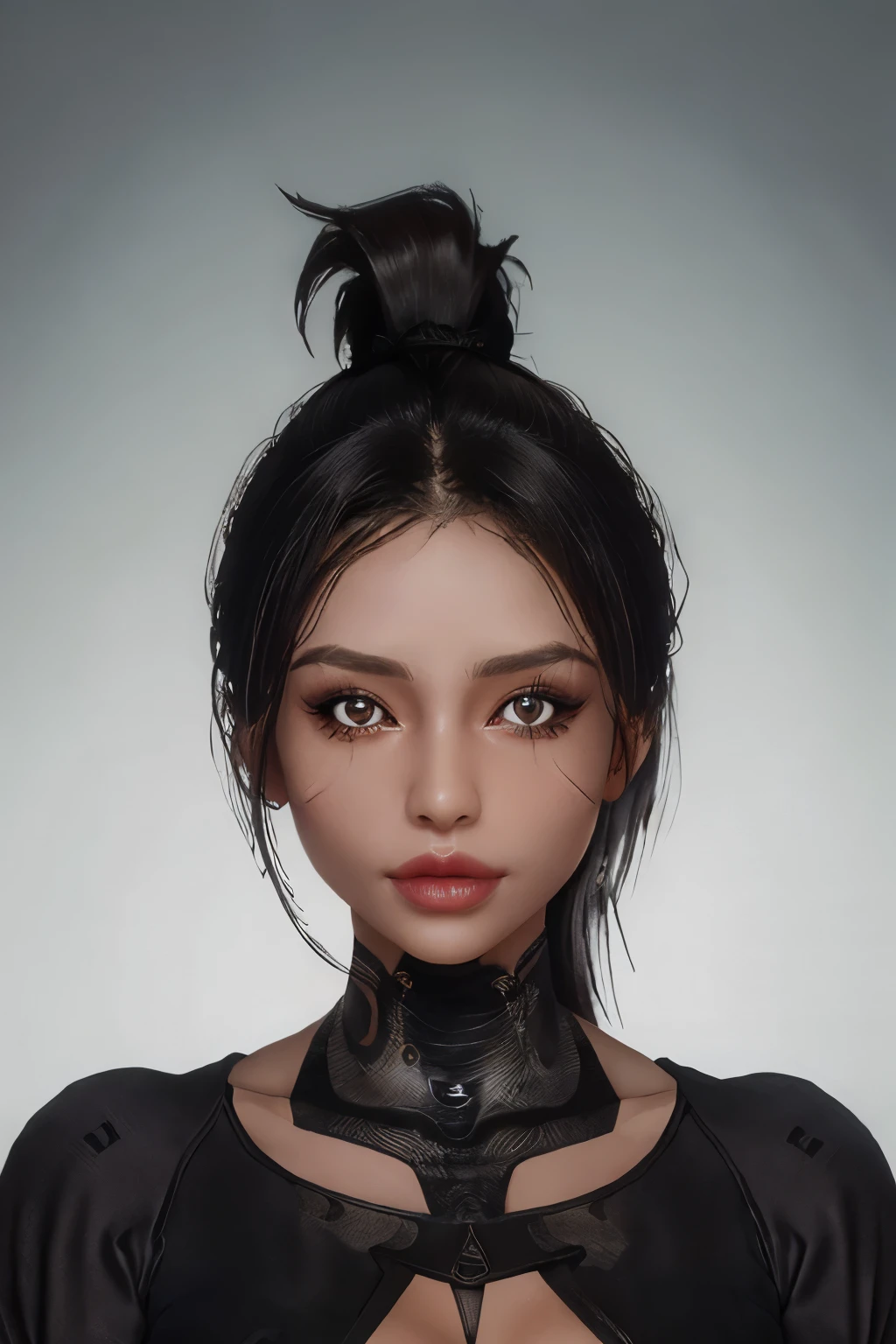 realistic image, cleavage, portrait, (wearing a tight top), ((human skin color)), tan skin or carbon fiber skin, (sharp focus:1.2), (beautiful face:1.1), glowing parts on body, detailed eyes, luscious lips, ((skindentation)), ((ponytail)), long eye lashes, eye shadow, realistic, ((dark background)), depth of field, bokeh, 4K, HD, (portrait), glowing eyes, subject lit evenly, toned body, face lighting, studio lighting, full head in frame, colorful, non glossy skin reflection 