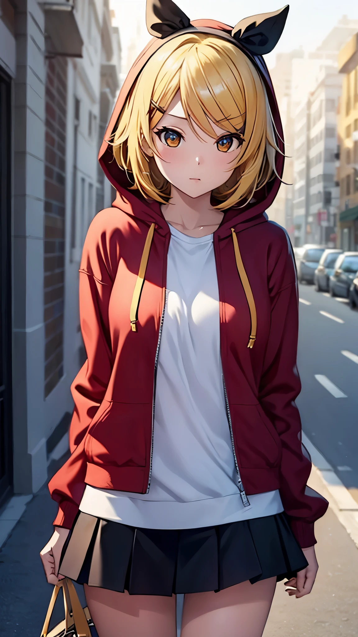 Kagamine rin , 1 girl , wearing a red hooded sweater , white miniskirt with gold horizontal lines , viendo al espectador , bragas visibles , rostro seductor ,(imagen de ultra alta calidad 8k ) obra maestra ( high-definition picture ) , maximum image resolution , ( detalles de la imagen bien definidos )
