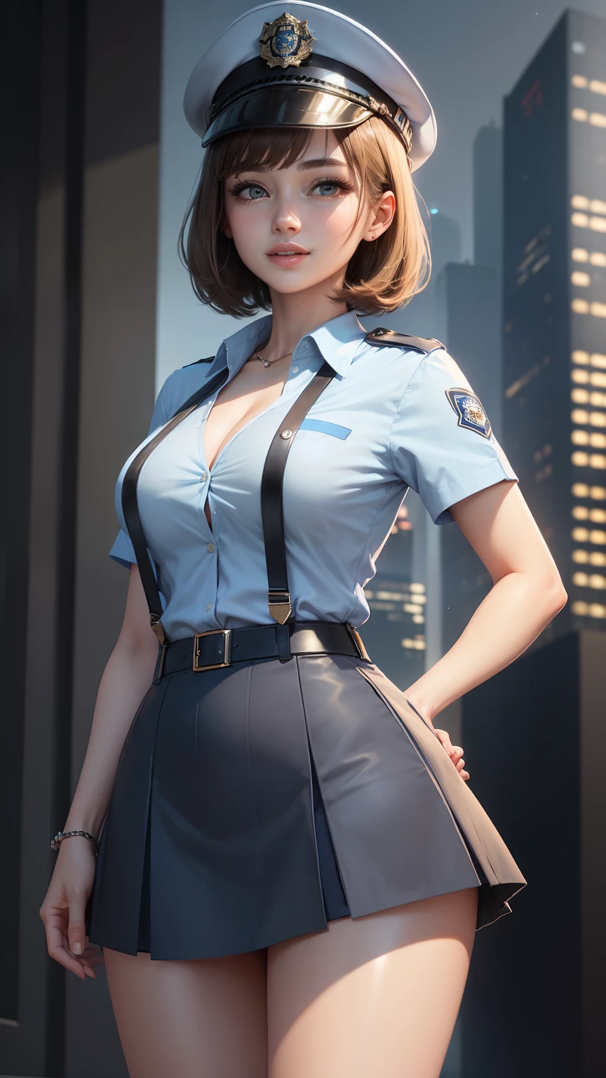 highest quality, masterpiece, 1 girl, light smile, dramatic lighting, from below、police uniform、Light blue short-sleeved shirt、black tie、Police Officer Cap、navy blue mini skirt、cleavage、Light Brown Short Bob Hair、Miniskirt Police、Skyscrapers、Moonlight night、3D rendering