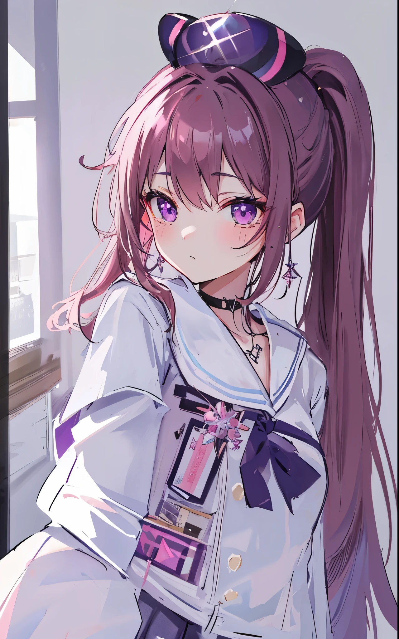 Thick pink brown hair,high ponytail,Beautiful, soulful and delicate deep purple eyes,Sweet and soft girl,特别软萌cute,There are beauty moles,Wearing a white JK school uniform,blue leather jacket,teenage girl feeling,The body is fluorescent,十分Amazing,Beautiful and beautiful,Very nice face、figure,purple crystal necklace,Particularly clear、Amazing、pure、Sunlight、cute