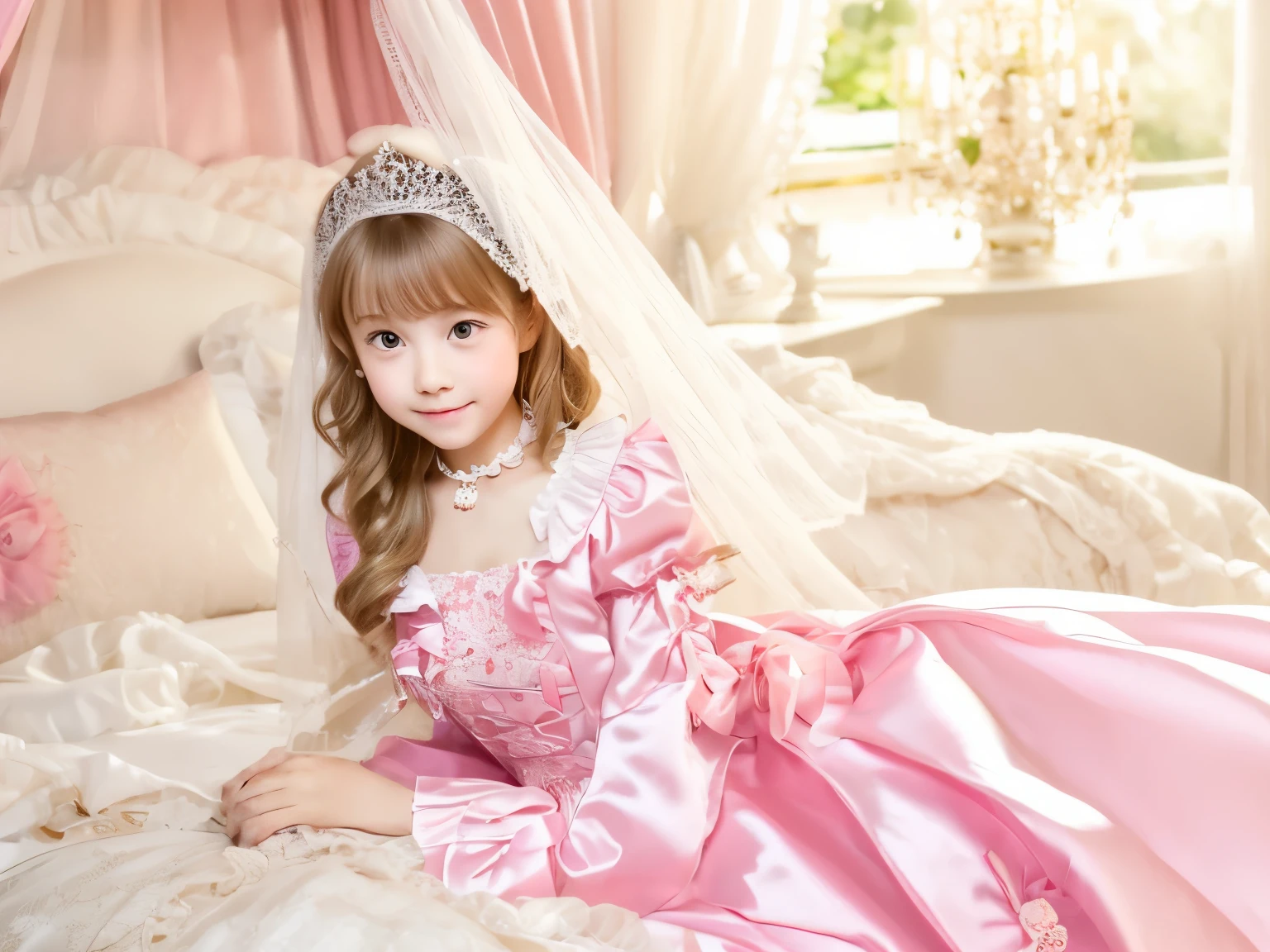 ,highest quality, masterpiece, highest resolution, artwork, super それにget used to it, many get used to it, get used to it, それにget used to it, 3K realistic photos,,(( at 10 years oltailed baby face,she is a princess,Full length ball gown dress with hoop skirt,ruffle yoke collar,puff sleeves,long sleeve,((Lolita style hot pink dled princess satin dress、Comes with lots of frills and ribbons。)),Loco's colorful fashion,shiny satin dress,Soft and smooth fabric,luxury,long blonde hair,blue eyes,white skin european,pajamas,((inside the palace)),,,(( at 10 years old)),Super detail,Full length ball gown dress with hoop skirt,ruffle yoke collar,puff sleeves,腰まで伸びるlong blonde hair,blue eyes,white skin european,pajamas,((inside the palace bedroom)),ピンクのシルクサテンのluxuryなCanopy bedの上,Canopy bed,luxurious curtains under the canopy,Many frilly pillows on the bed,super detailed background,Detailed bed,romantic atmosphere,
