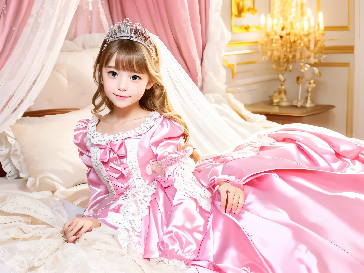 ,highest quality, masterpiece, highest resolution, artwork, super それにget used to it, many get used to it, get used to it, それにget used to it, 3K realistic photos,,((Little girl at 10 years old)),Super detailed baby face,she is a princess,Full length ball gown dress with hoop skirt,ruffle yoke collar,puff sleeves,long sleeve,((Lolita style hot pink detailed princess satin dress、Comes with lots of frills and ribbons。)),Loco&#39;s colorful fashion,shiny satin dress,Soft and smooth fabric,luxury,long blonde hair,blue eyes,white skin european,pajamas,((inside the palace)),,,(( at 10 years old)),Super detailed baby face,Full length ball gown dress with hoop skirt,ruffle yoke collar,puff sleeves,腰まで伸びるlong blonde hair,blue eyes,white skin european,pajamas,((inside the palace bedroom)),ピンクのシルクサテンのluxuryなCanopy bedの上,Canopy bed,luxurious curtains under the canopy,Many frilly pillows on the bed,super detailed background,Detailed bed,romantic atmosphere,