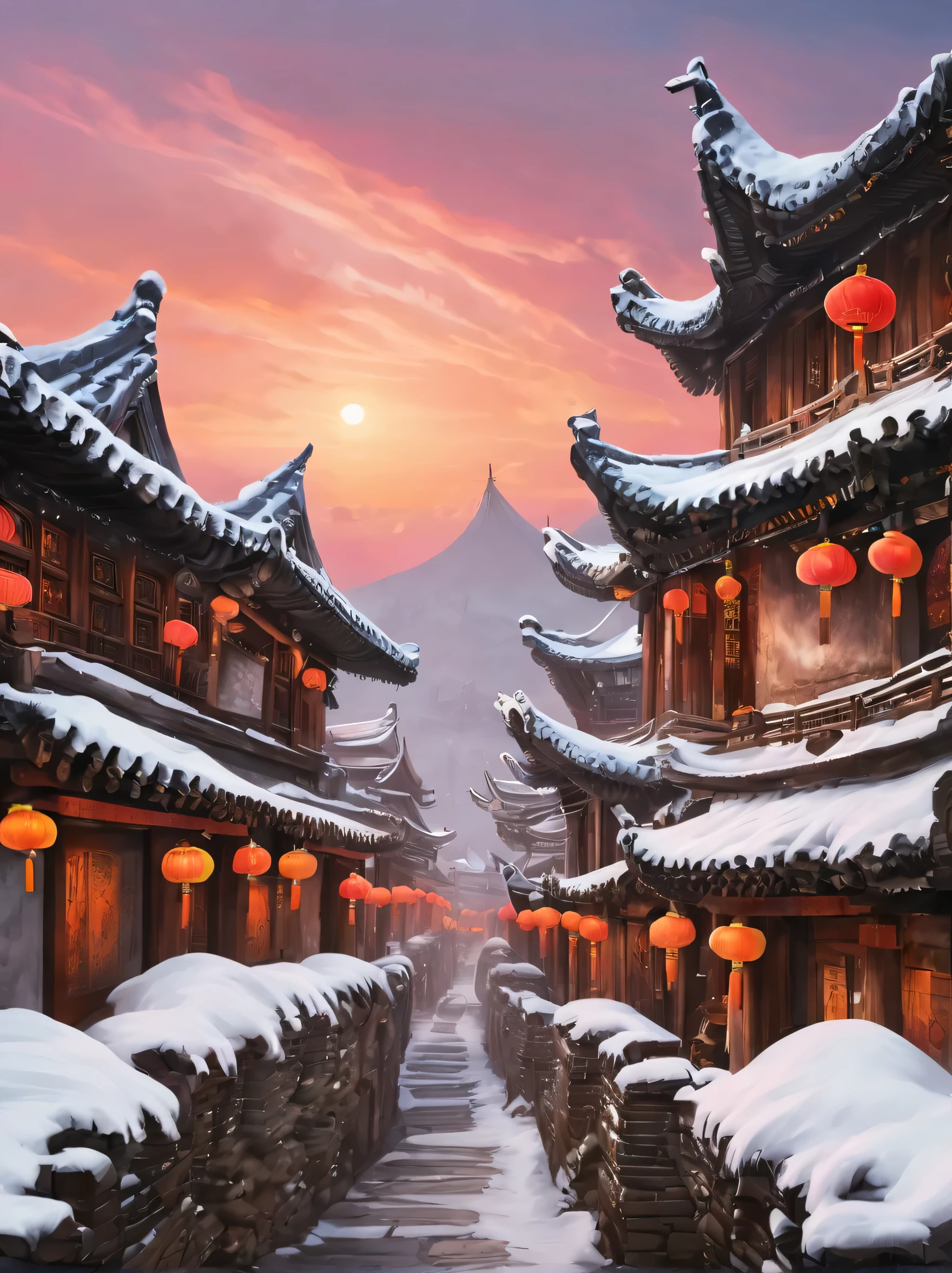 ancient chinese city in winter, There is a magnificent and tall ancient building complex. The roof is covered with layers of snow, Create a peaceful and picturesque scene. Narrow stone streets wind through the city, Adds to its ancient charm. and as the sun sets, The sky is painted bright orange and pink, Bring a warm glow to the whole city. The streets are bustling，Lively, The air is filled with the rich flavor of local cuisine. In this winter wonderland, And dead trees, Enhances sense of history and passage of time. this ancient city, Known as the most beautiful capital, Exudes a vibrant atmosphere，Truly capture the essence of life. The image quality of the artwork is of the highest standard, Featuring ultra-detailed and realistic renderings. Bright colors，The lighting creates a charming atmosphere. The medium used to create this artwork is a combination of traditional painting techniques and modern digital rendering, Form a unique and charming artistic style.