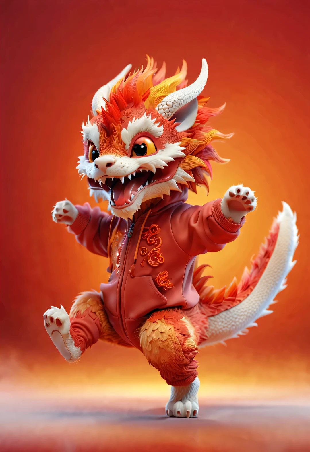 3d rendering, realistic fur, red wallpaper, Simple modern style, beautiful wallpaper, Super thin and naughty red and orange zodiac dragon baby,The claws dance in the air with a mischievous smile., dynamic action,frontal portrait, (looking at camera), (The body is translucent:0.85), (Wearing an embroidered hoodie), Paper art style, blown glass art style ,