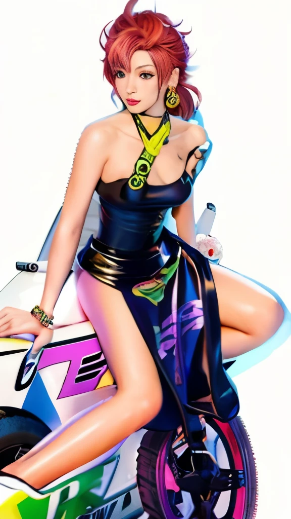 a woman in a colorful dress is sitting on a motorcycle, style of jet set radio, rossdraws cartoon vibrant, jet set radio artwork, colorful! character design, by Shinoda Toko, jojo anime style, jet set radio, juri misaki, anime character; full body art, jojo style, character from king of fighters, jen bartel, chun - li